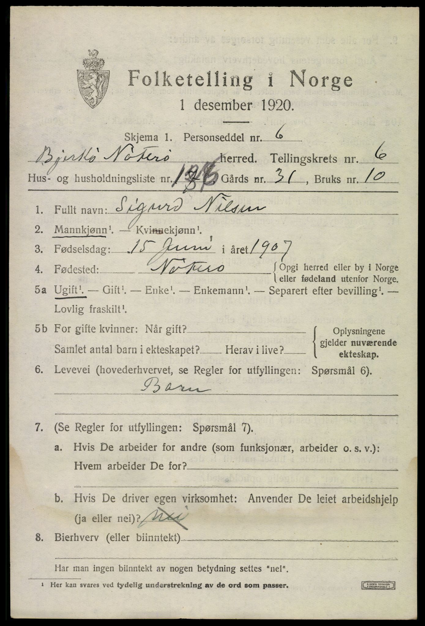 SAKO, 1920 census for Nøtterøy, 1920, p. 9457