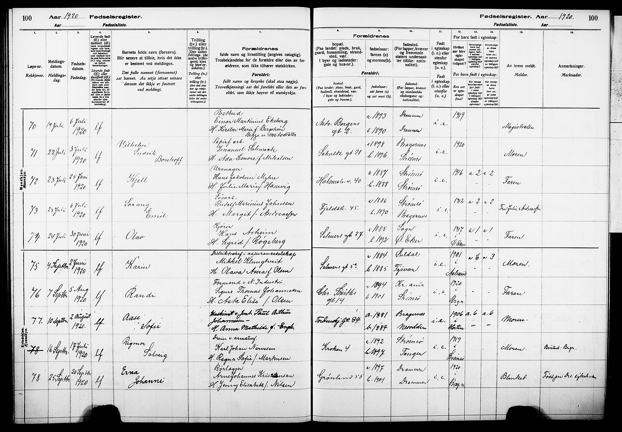 Strømsø kirkebøker, AV/SAKO-A-246/J/Ja/L0001: Birth register no. I 1, 1916-1925, p. 100