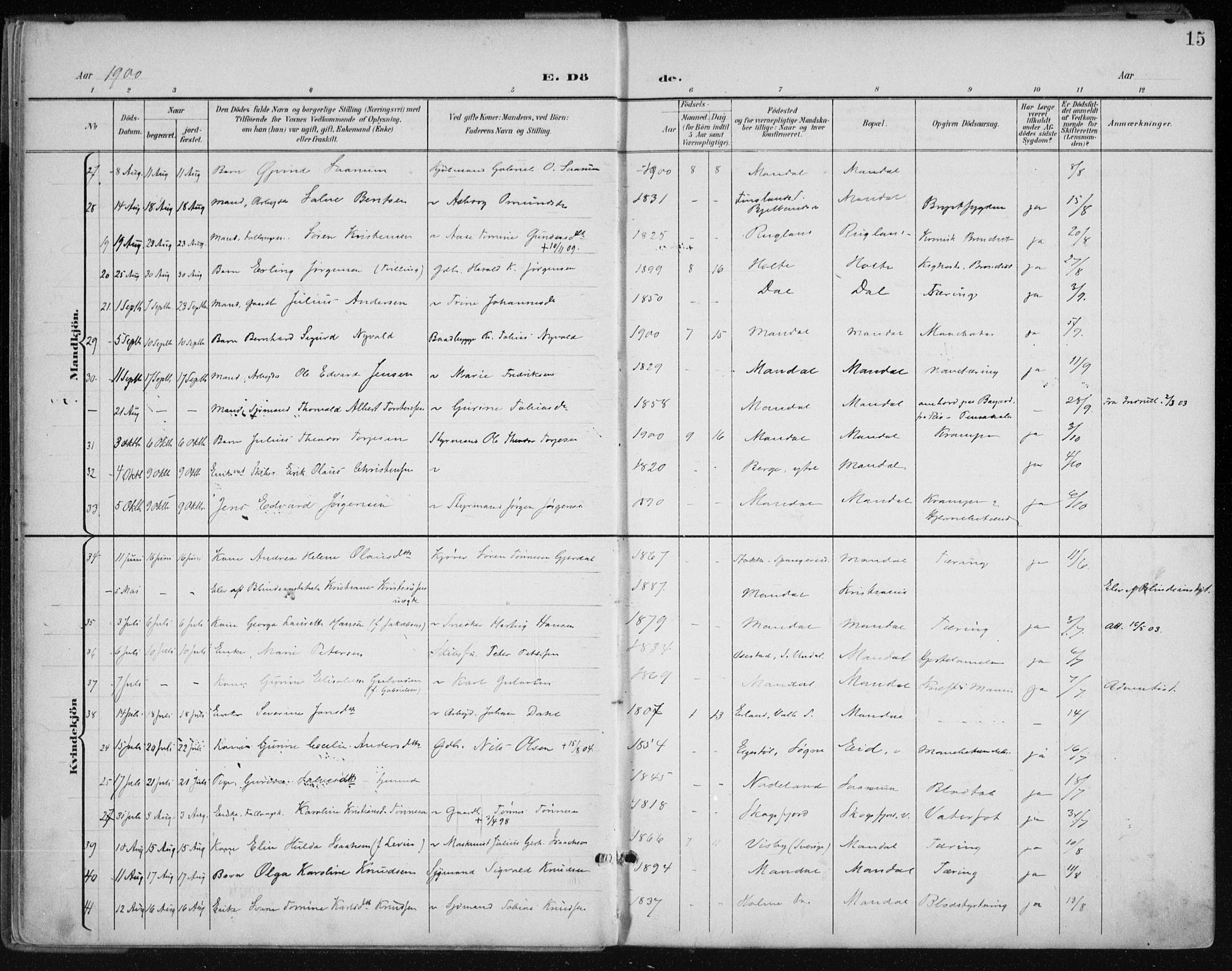 Mandal sokneprestkontor, AV/SAK-1111-0030/F/Fa/Faa/L0021: Parish register (official) no. A 21, 1898-1913, p. 15