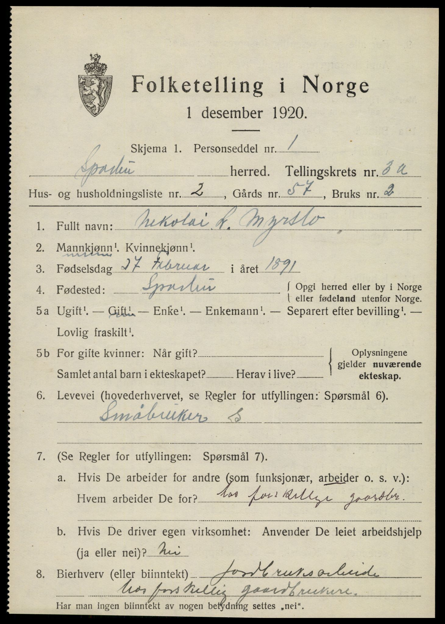 SAT, 1920 census for Sparbu, 1920, p. 4183