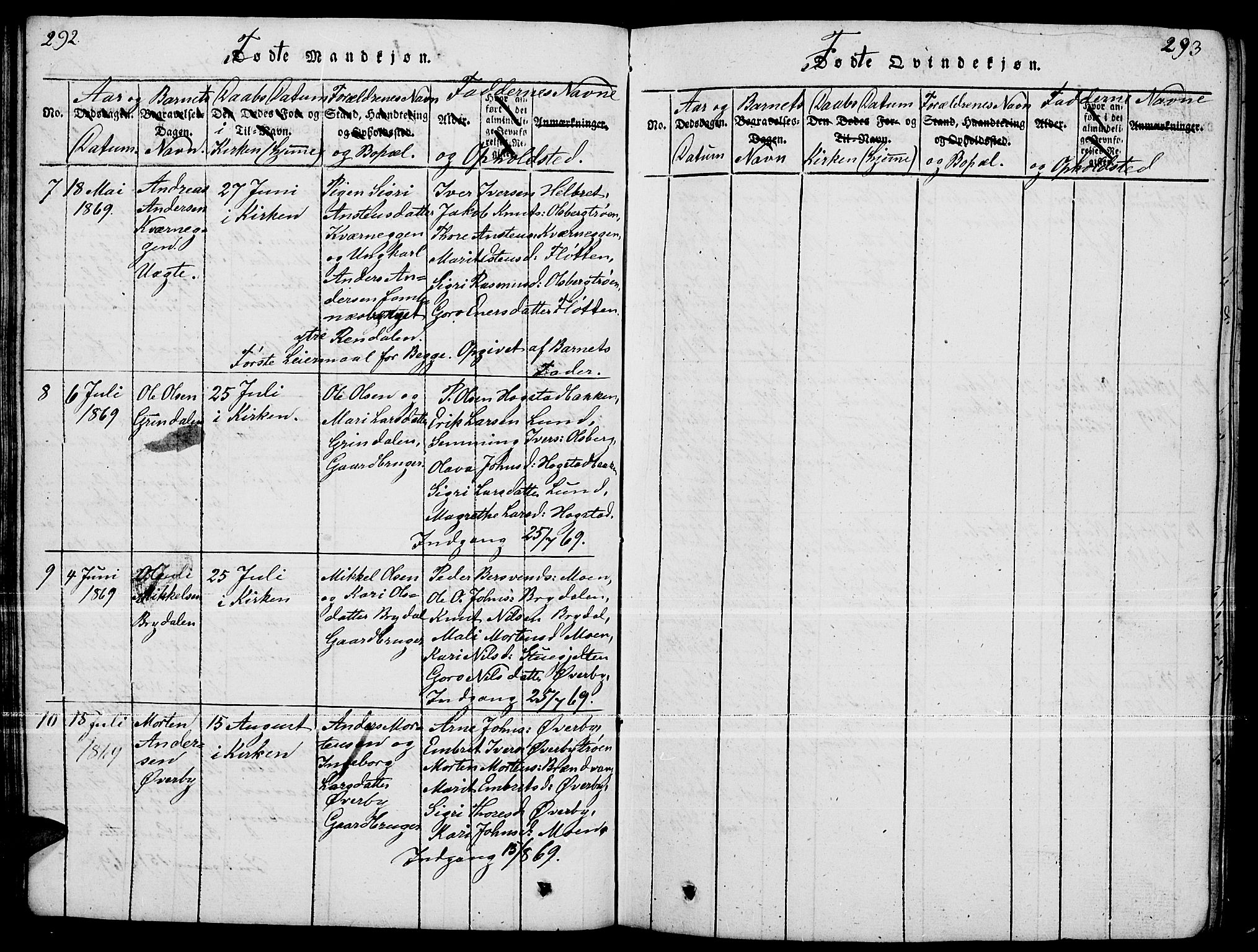 Tynset prestekontor, SAH/PREST-058/H/Ha/Hab/L0004: Parish register (copy) no. 4, 1814-1879, p. 292-293
