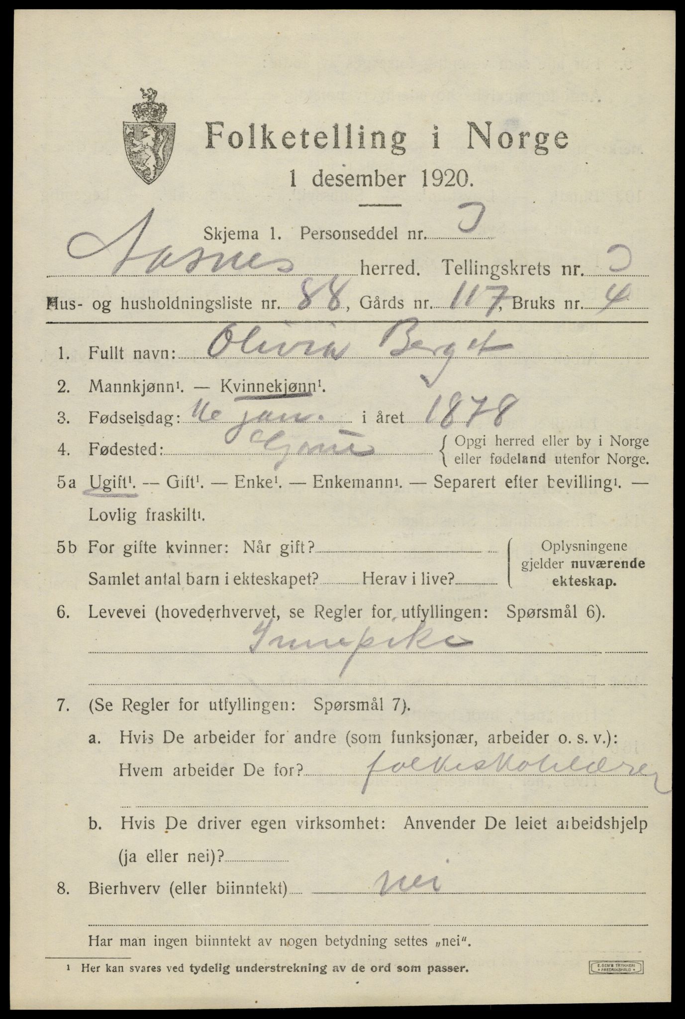 SAH, 1920 census for Åsnes, 1920, p. 4774