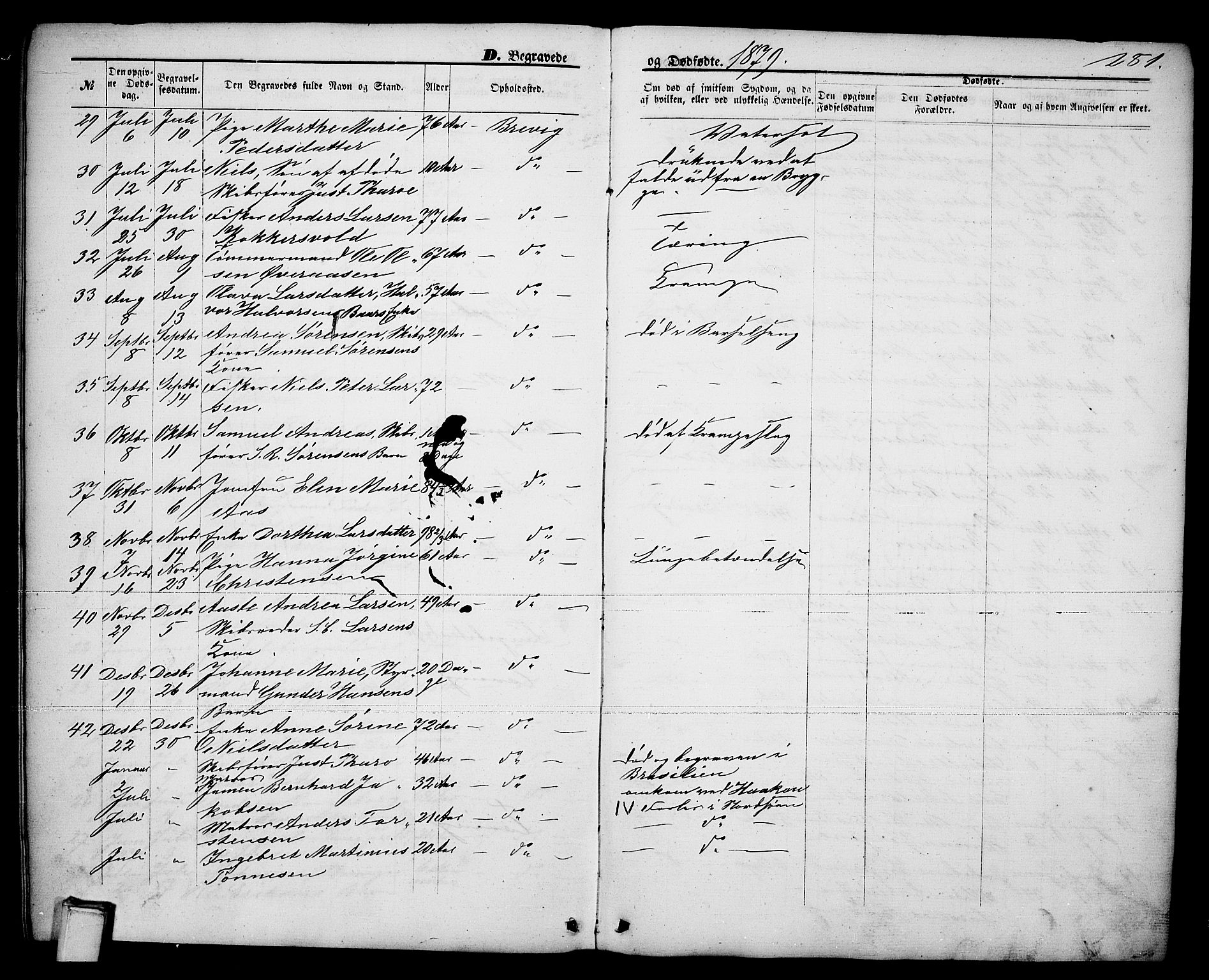 Brevik kirkebøker, AV/SAKO-A-255/G/Ga/L0003: Parish register (copy) no. 3, 1866-1881, p. 281
