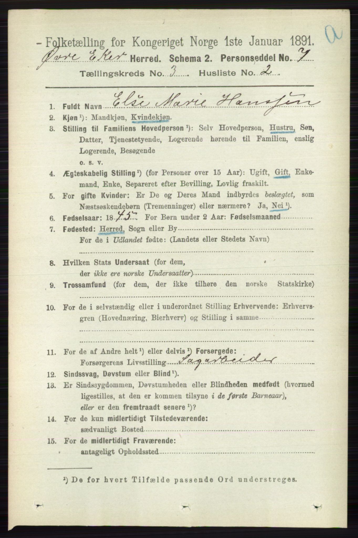 RA, 1891 census for 0624 Øvre Eiker, 1891, p. 1000