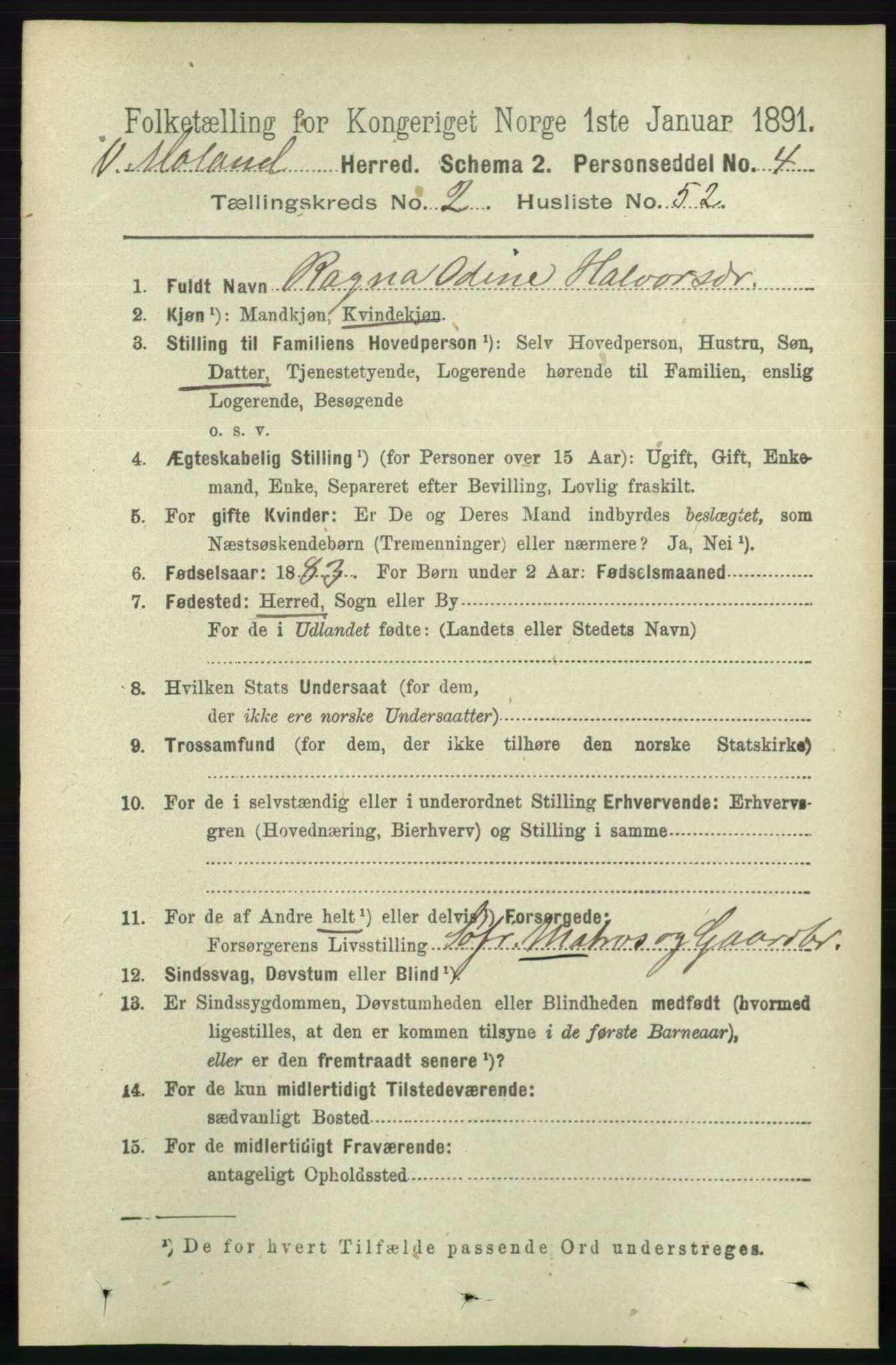 RA, 1891 census for 0926 Vestre Moland, 1891, p. 898