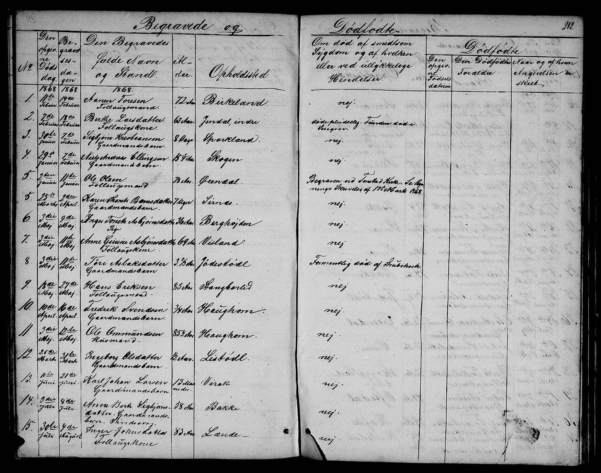 Bakke sokneprestkontor, SAK/1111-0002/F/Fb/Fba/L0001: Parish register (copy) no. B 1, 1849-1879, p. 212