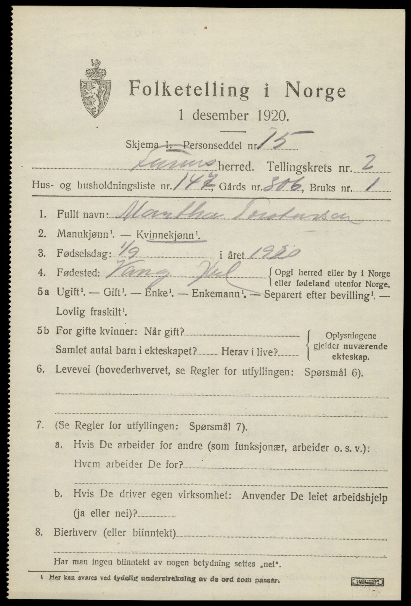 SAH, 1920 census for Furnes, 1920, p. 4825