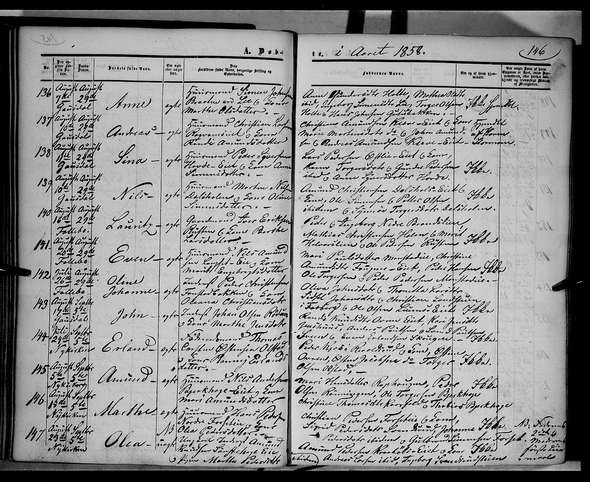 Gausdal prestekontor, SAH/PREST-090/H/Ha/Haa/L0008: Parish register (official) no. 8, 1850-1861, p. 146