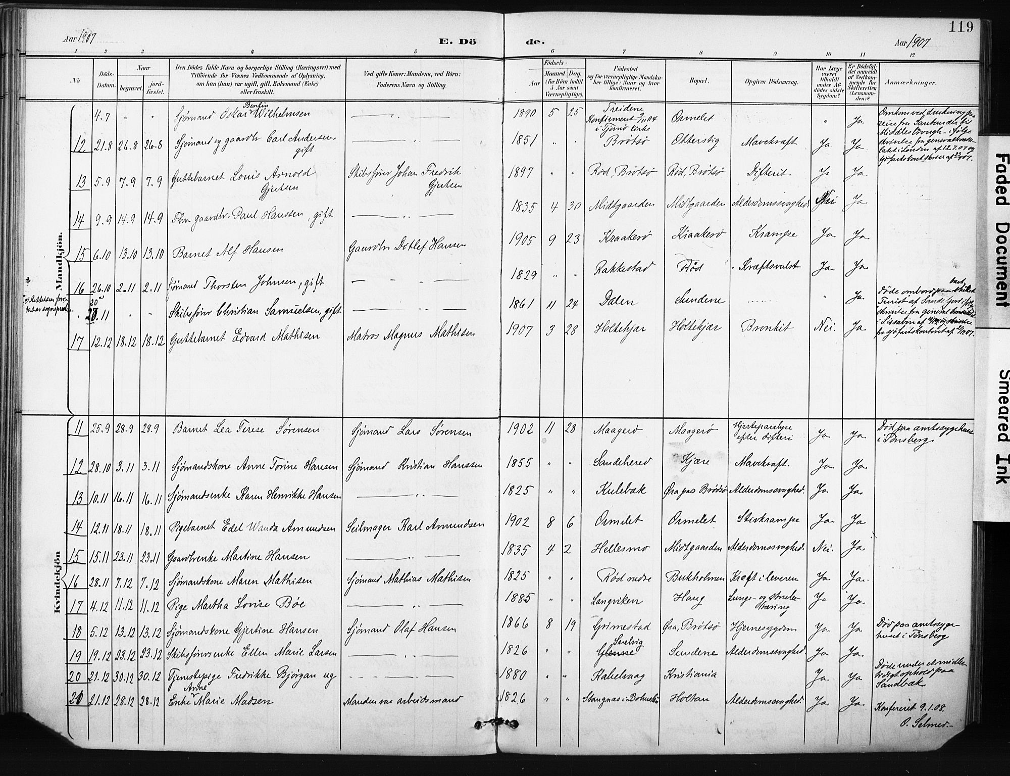 Tjøme kirkebøker, AV/SAKO-A-328/F/Fa/L0005: Parish register (official) no. I 5, 1901-1909, p. 119