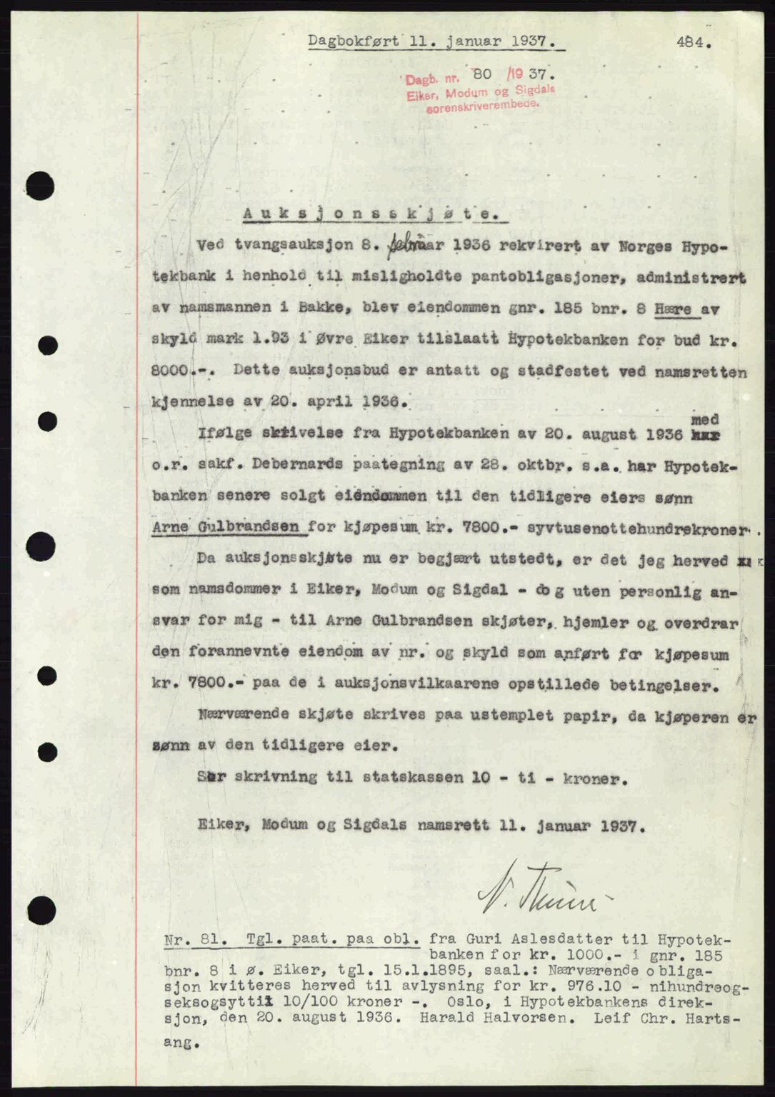 Eiker, Modum og Sigdal sorenskriveri, SAKO/A-123/G/Ga/Gab/L0034: Mortgage book no. A4, 1936-1937, Diary no: : 80/1937