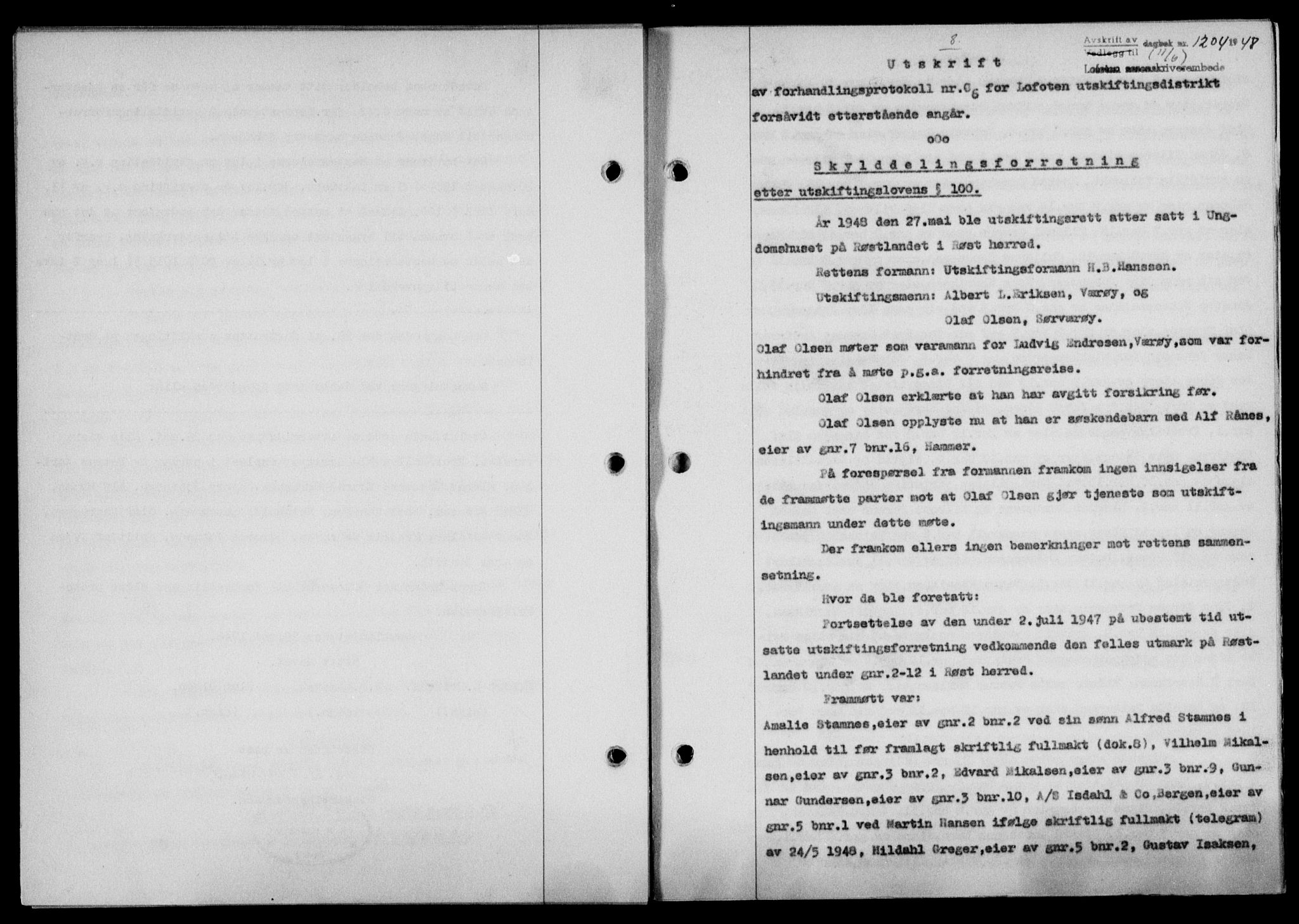 Lofoten sorenskriveri, SAT/A-0017/1/2/2C/L0018a: Mortgage book no. 18a, 1948-1948, Diary no: : 1204/1948