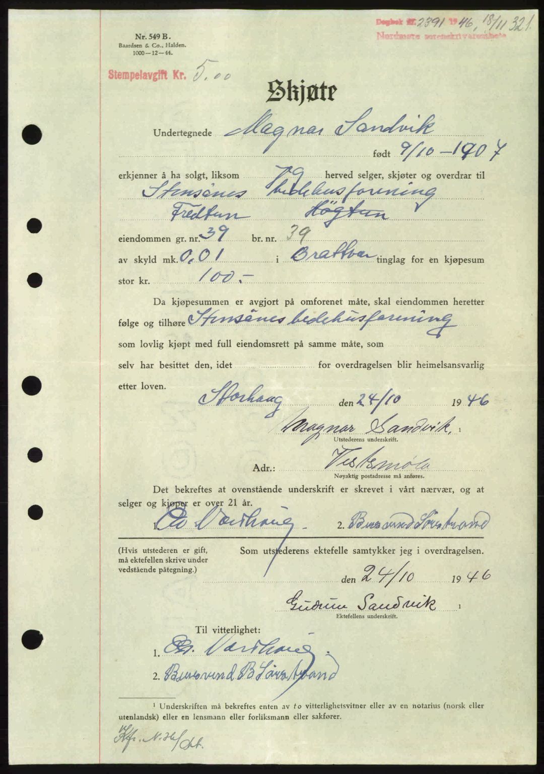 Nordmøre sorenskriveri, AV/SAT-A-4132/1/2/2Ca: Mortgage book no. A103, 1946-1947, Diary no: : 2391/1946