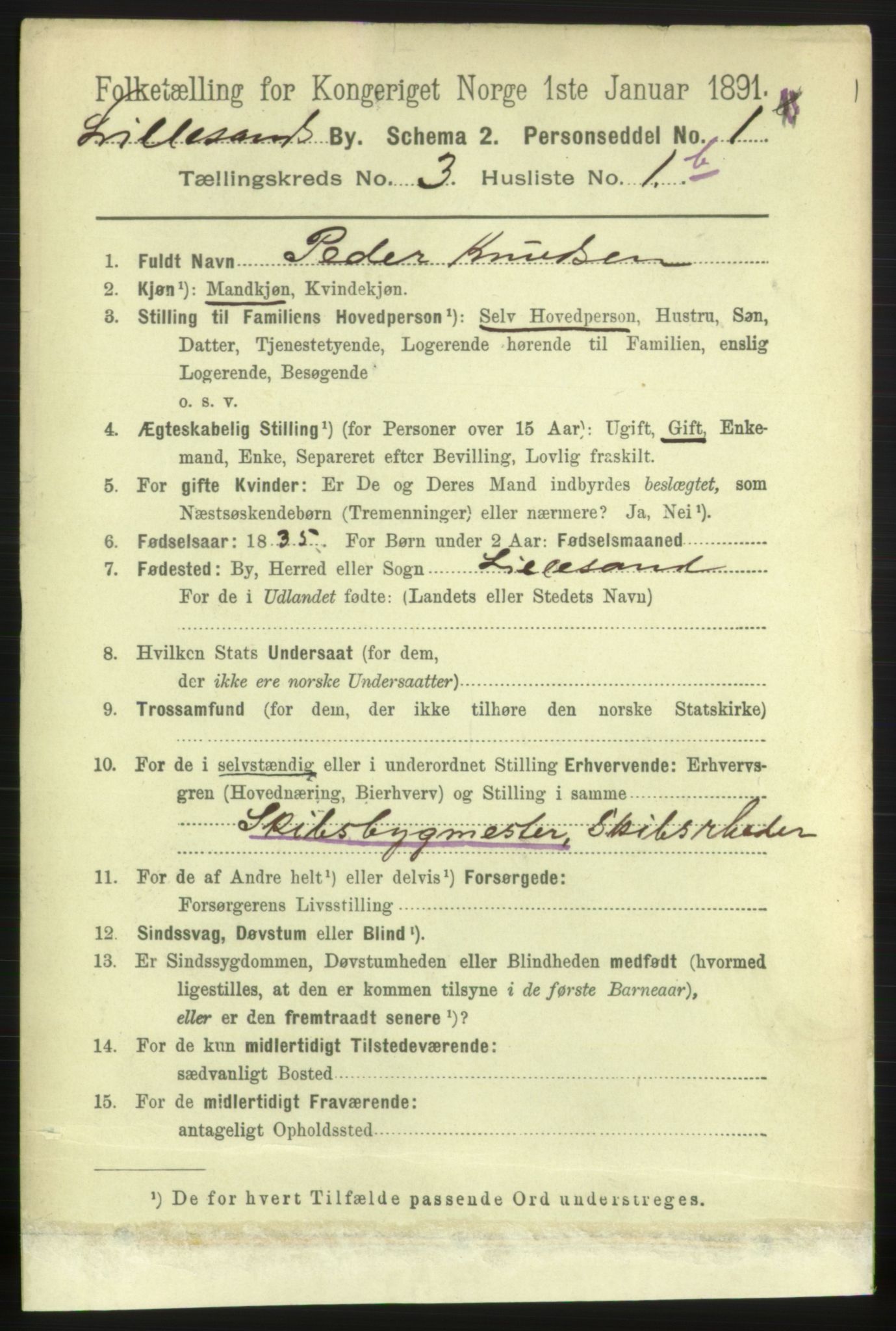 RA, 1891 census for 0905 Lillesand, 1891, p. 642