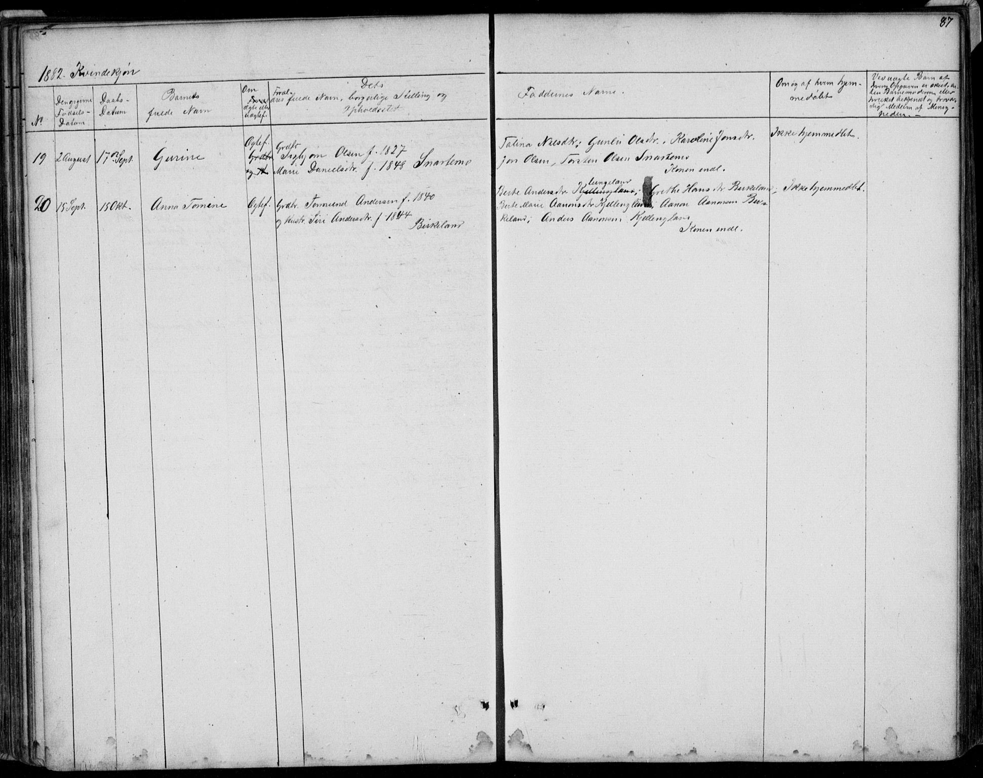 Hægebostad sokneprestkontor, SAK/1111-0024/F/Fb/Fba/L0002: Parish register (copy) no. B 2, 1851-1882, p. 87