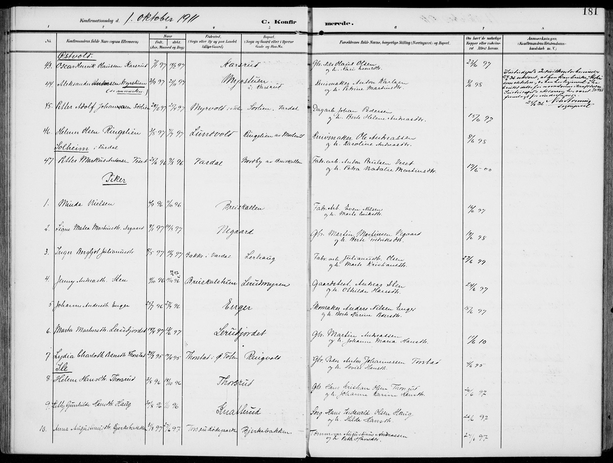 Vestre Toten prestekontor, AV/SAH-PREST-108/H/Ha/Haa/L0014: Parish register (official) no. 14, 1907-1920, p. 181