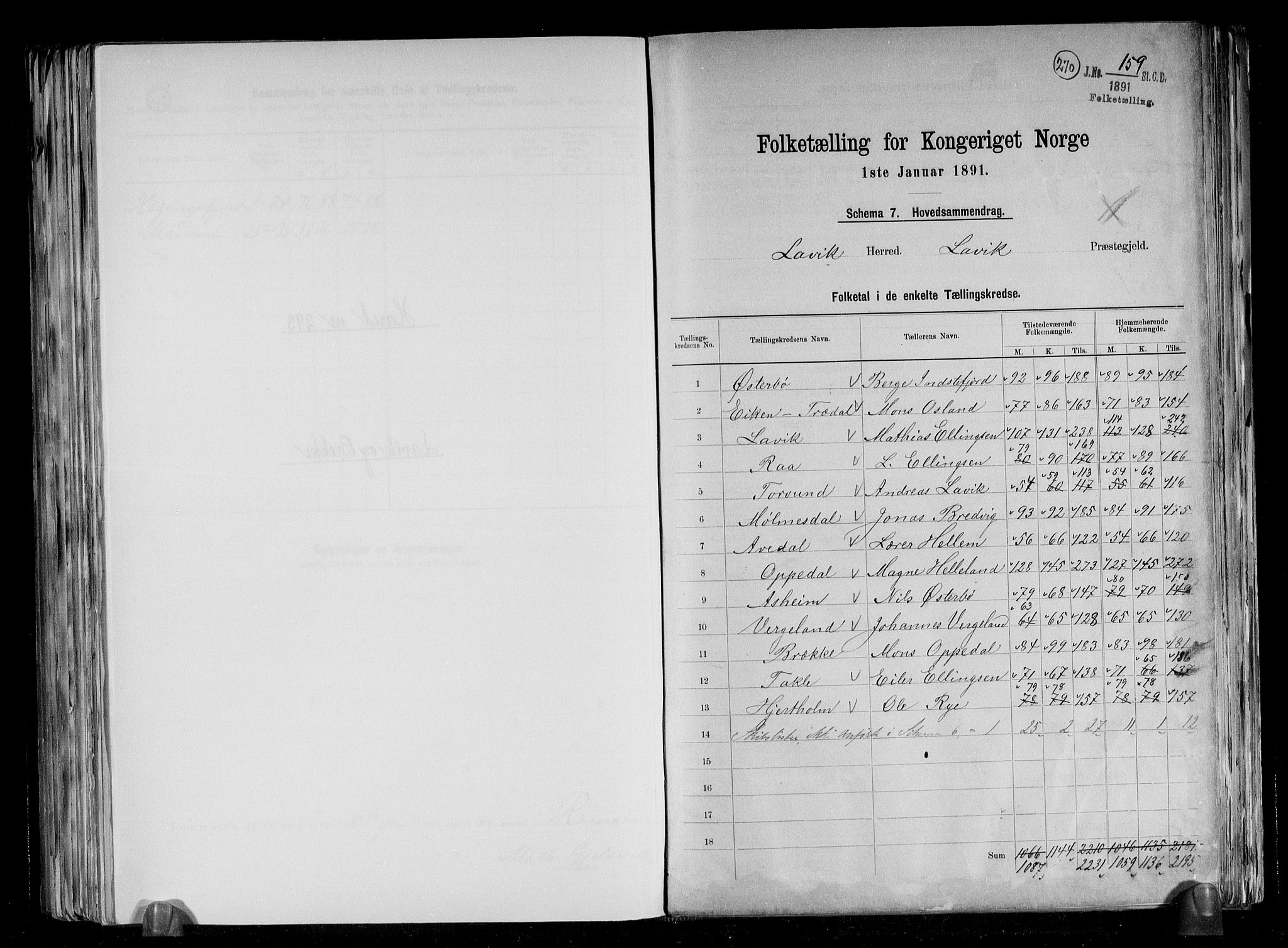 RA, 1891 census for 1415 Lavik og Brekke, 1891, p. 2