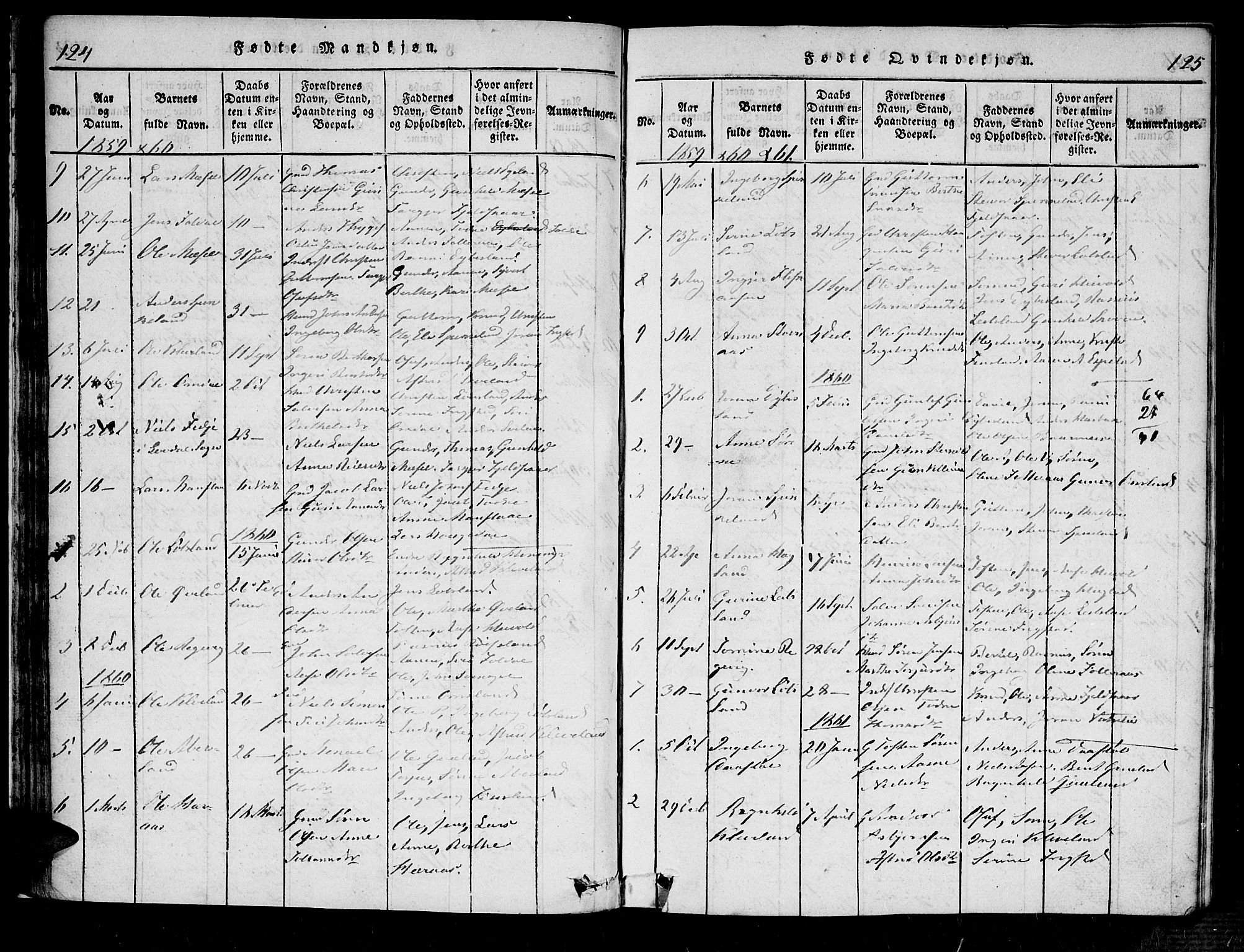 Bjelland sokneprestkontor, SAK/1111-0005/F/Fa/Fab/L0002: Parish register (official) no. A 2, 1816-1869, p. 124-125