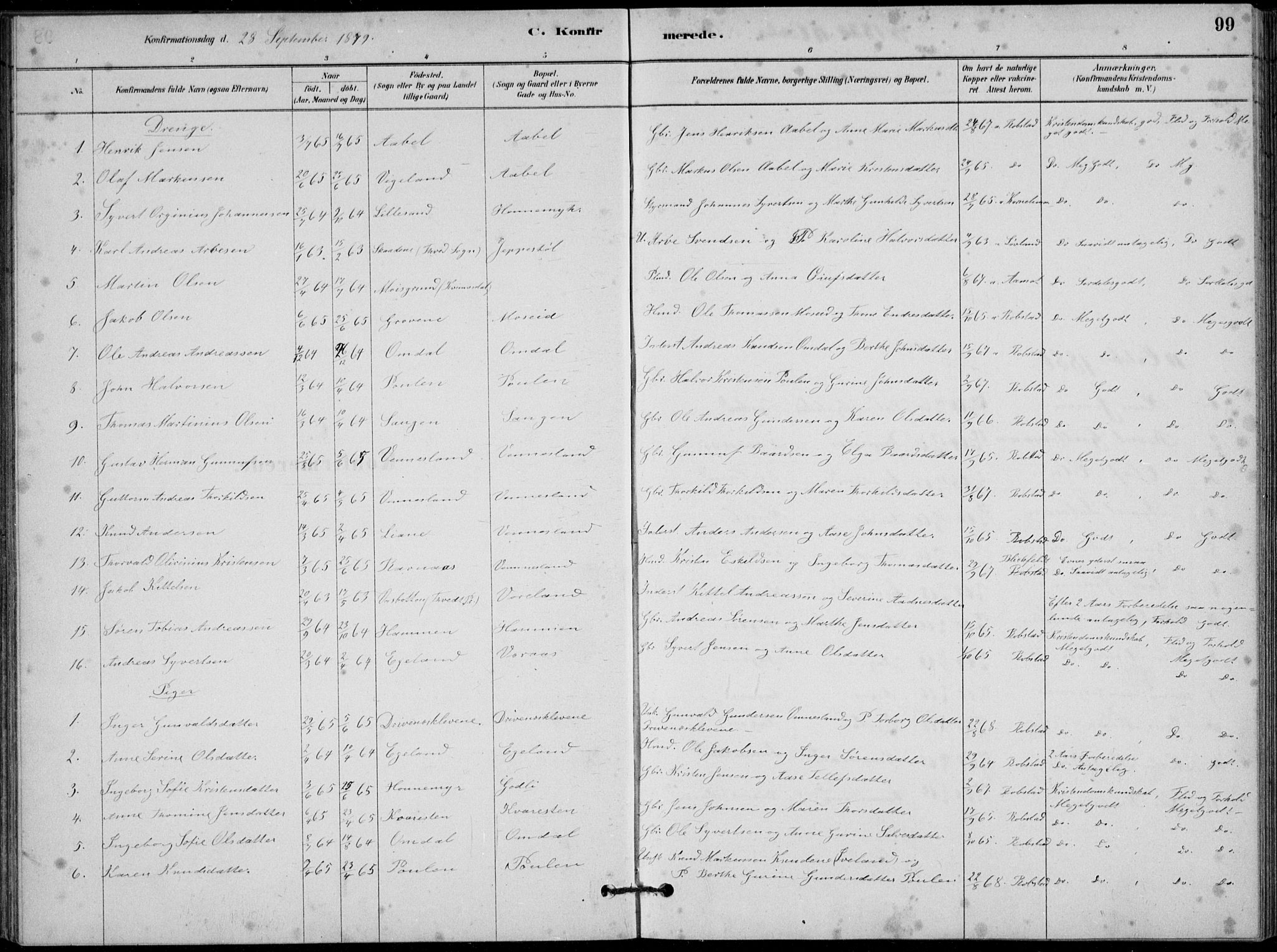 Vennesla sokneprestkontor, SAK/1111-0045/Fb/Fbb/L0003: Parish register (copy) no. B 3, 1879-1893, p. 99