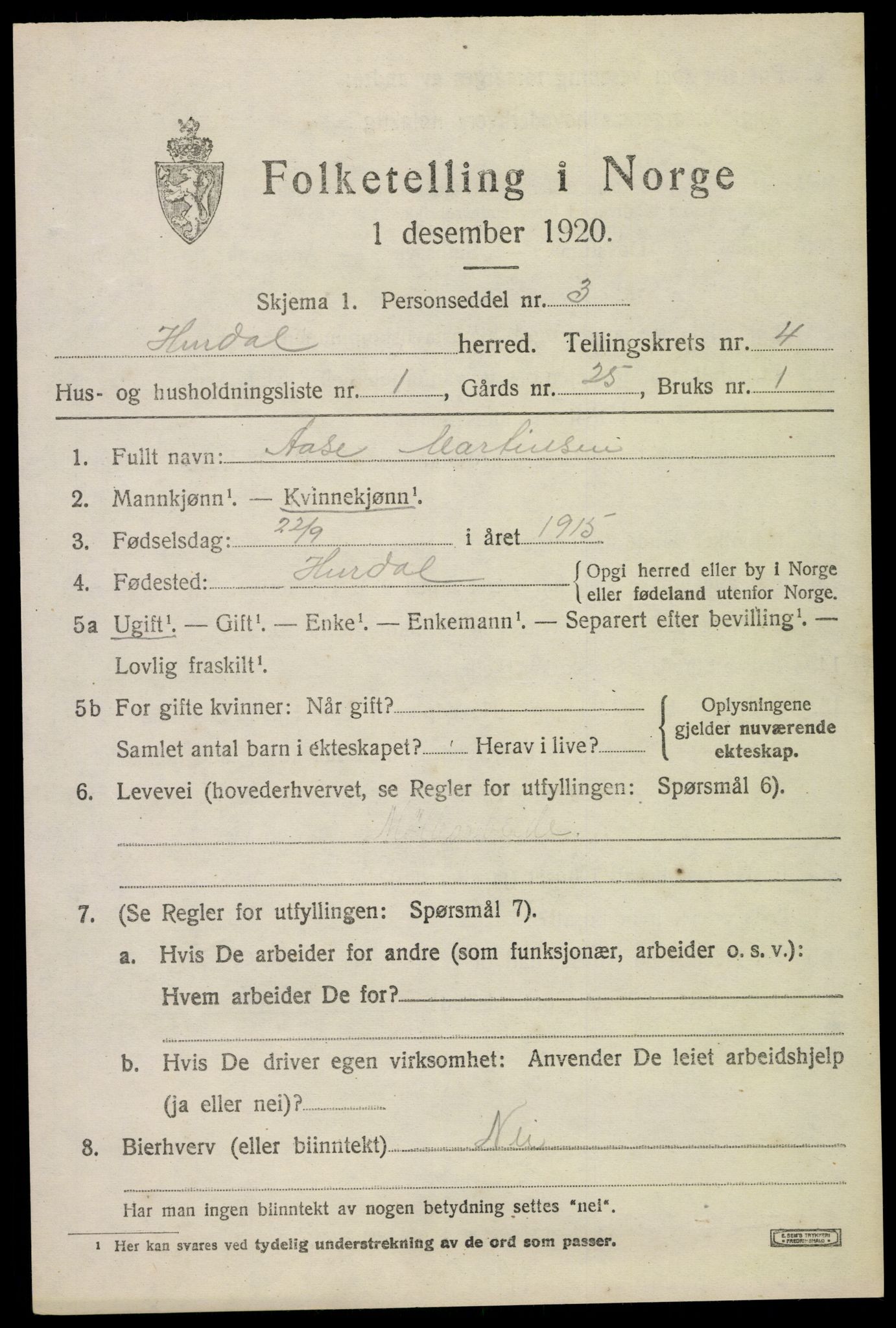 SAO, 1920 census for Hurdal, 1920, p. 2462