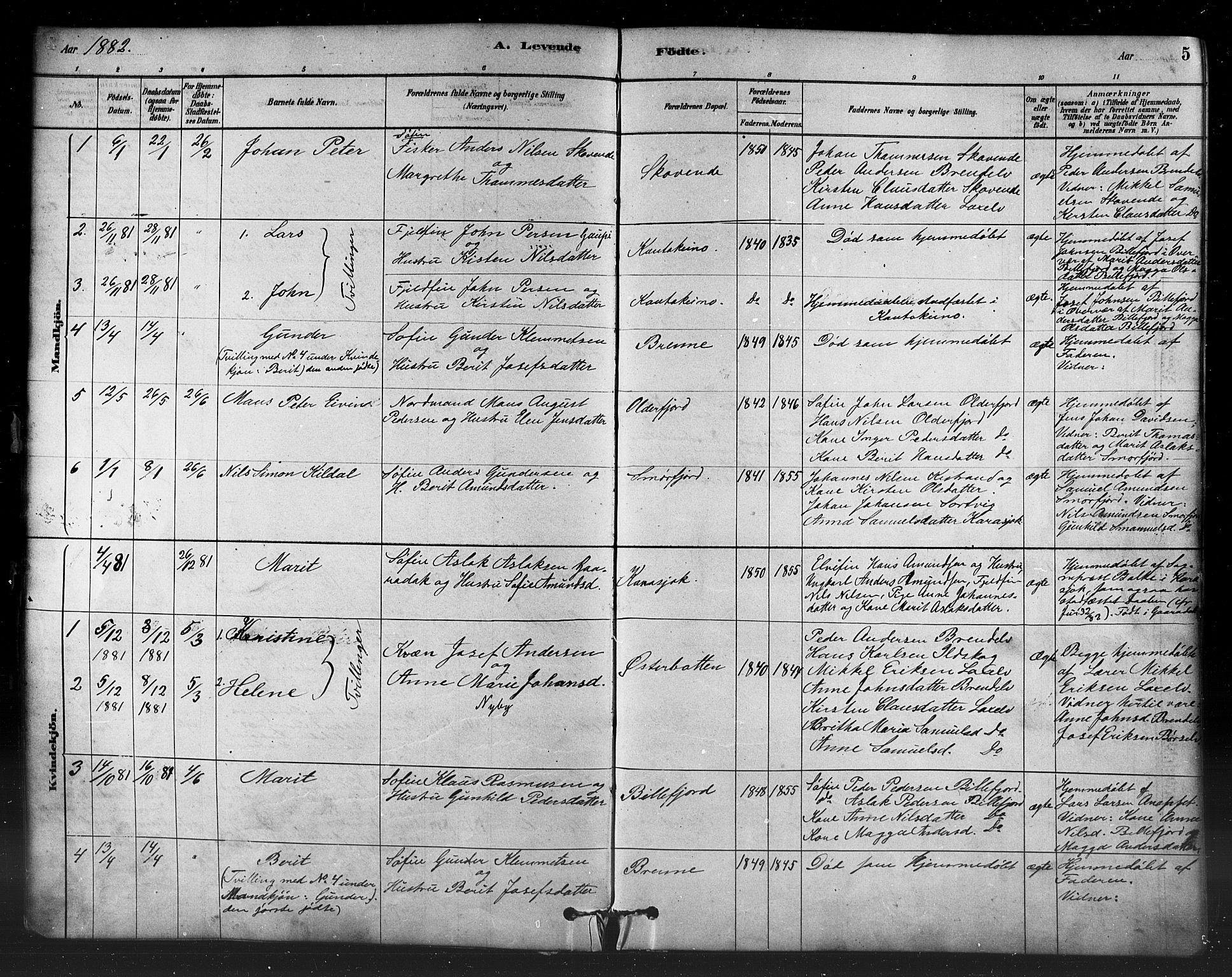 Kistrand/Porsanger sokneprestembete, AV/SATØ-S-1351/H/Ha/L0007.kirke: Parish register (official) no. 7, 1881-1889, p. 5