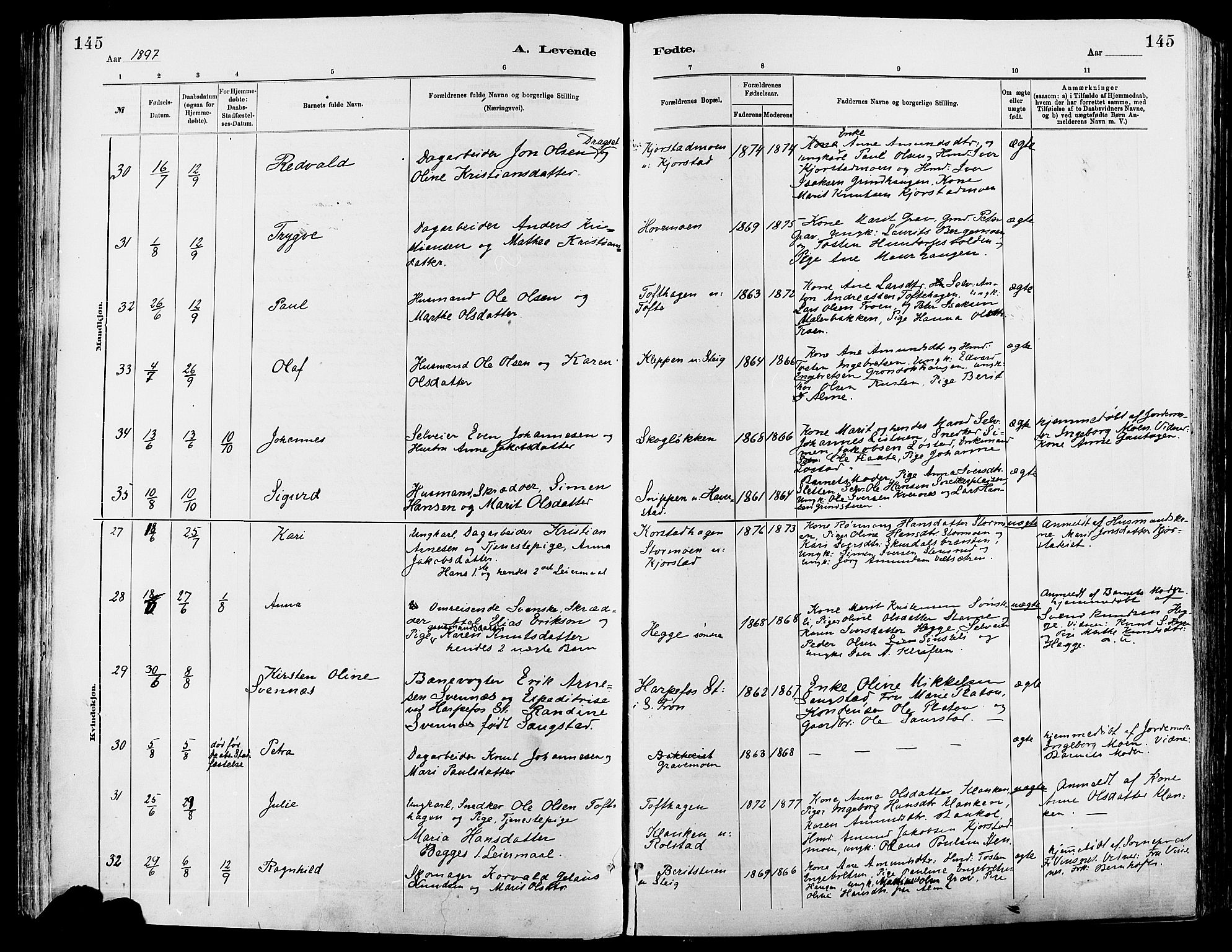 Sør-Fron prestekontor, AV/SAH-PREST-010/H/Ha/Haa/L0003: Parish register (official) no. 3, 1881-1897, p. 145