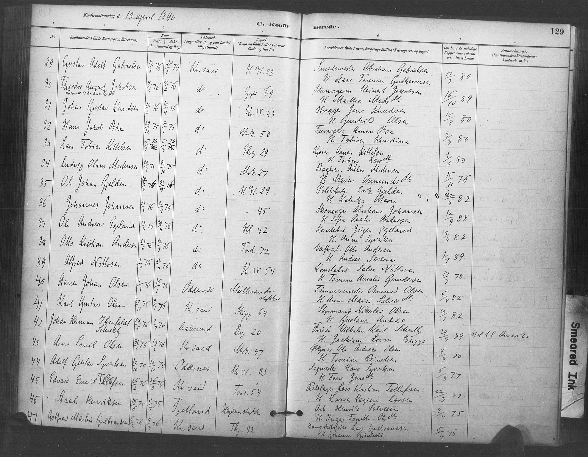 Kristiansand domprosti, AV/SAK-1112-0006/F/Fa/L0018: Parish register (official) no. A 17, 1880-1892, p. 129