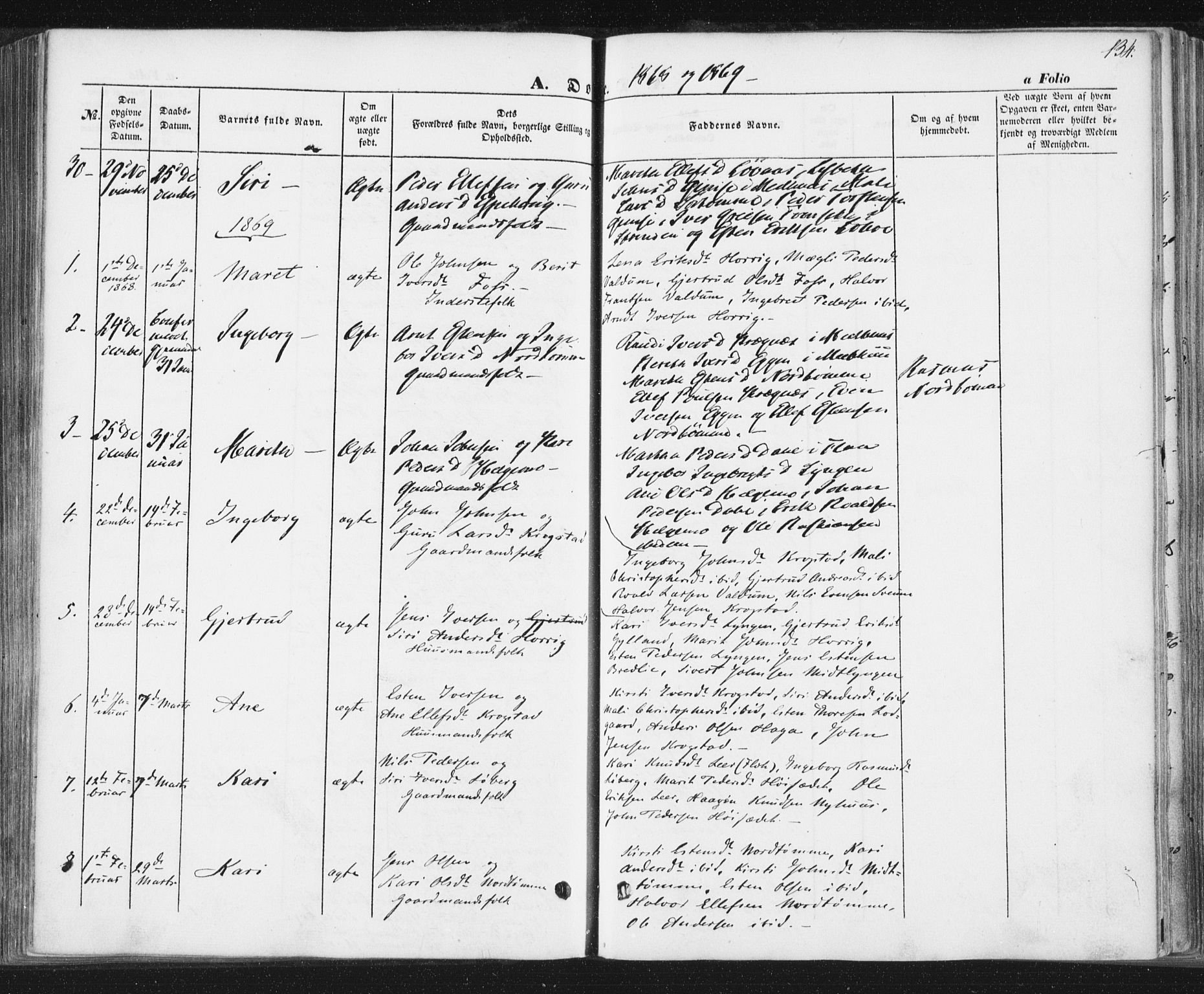 Ministerialprotokoller, klokkerbøker og fødselsregistre - Sør-Trøndelag, SAT/A-1456/692/L1103: Parish register (official) no. 692A03, 1849-1870, p. 134