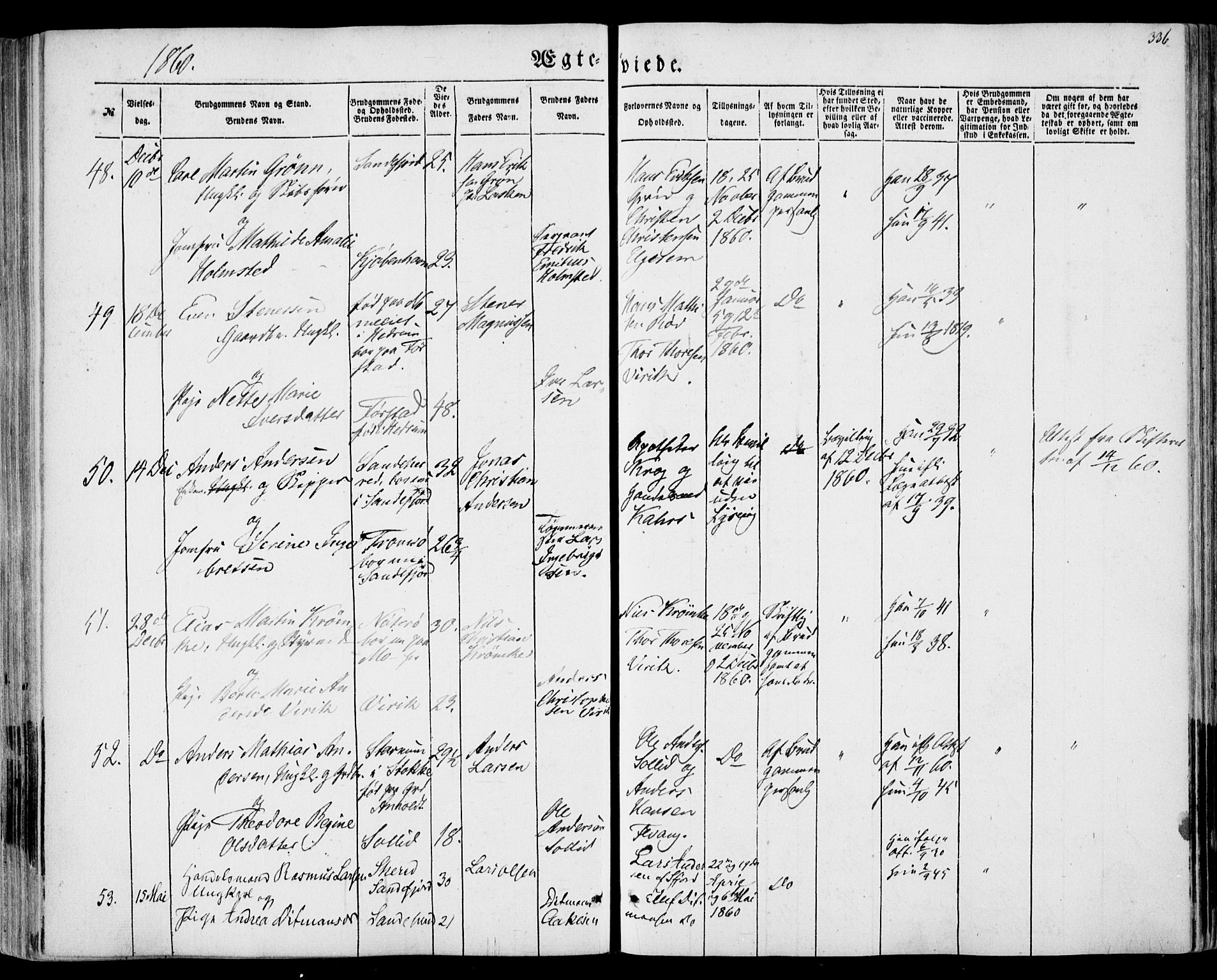 Sandar kirkebøker, AV/SAKO-A-243/F/Fa/L0007: Parish register (official) no. 7, 1855-1861, p. 336