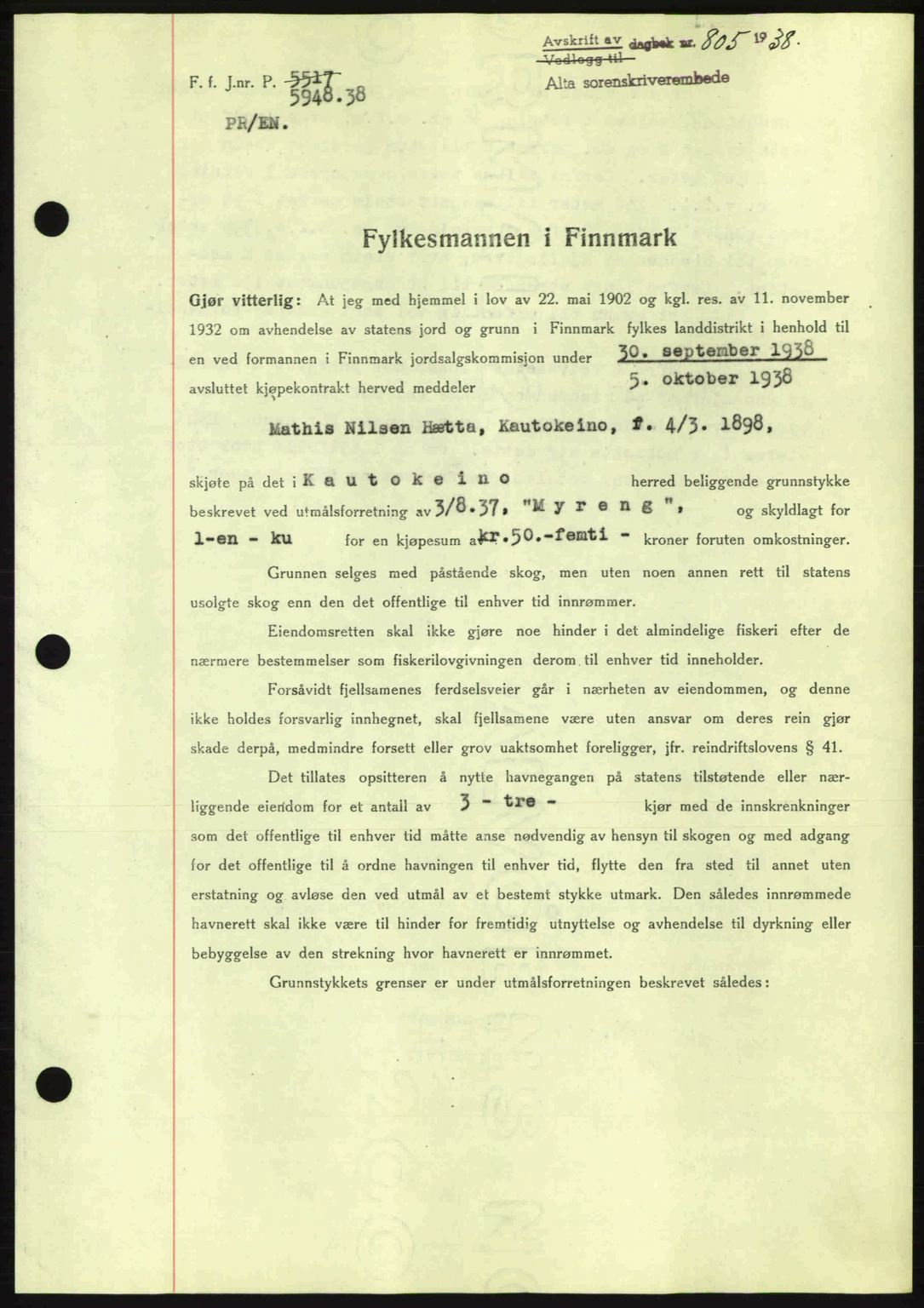 Alta fogderi/sorenskriveri, SATØ/SATØ-5/1/K/Kd/L0031pantebok: Mortgage book no. 31, 1938-1939, Diary no: : 805/1938
