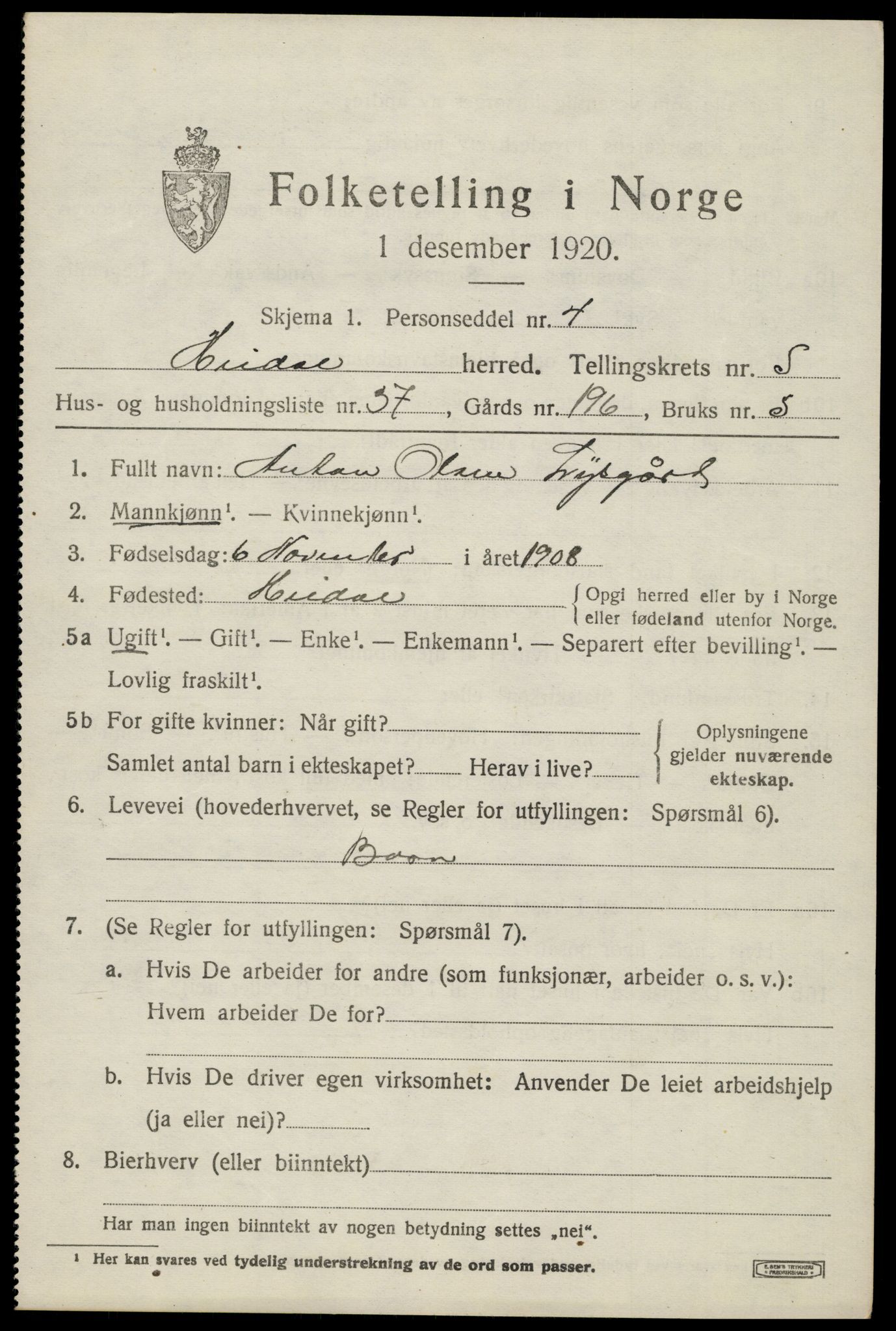 SAH, 1920 census for Heidal, 1920, p. 2786