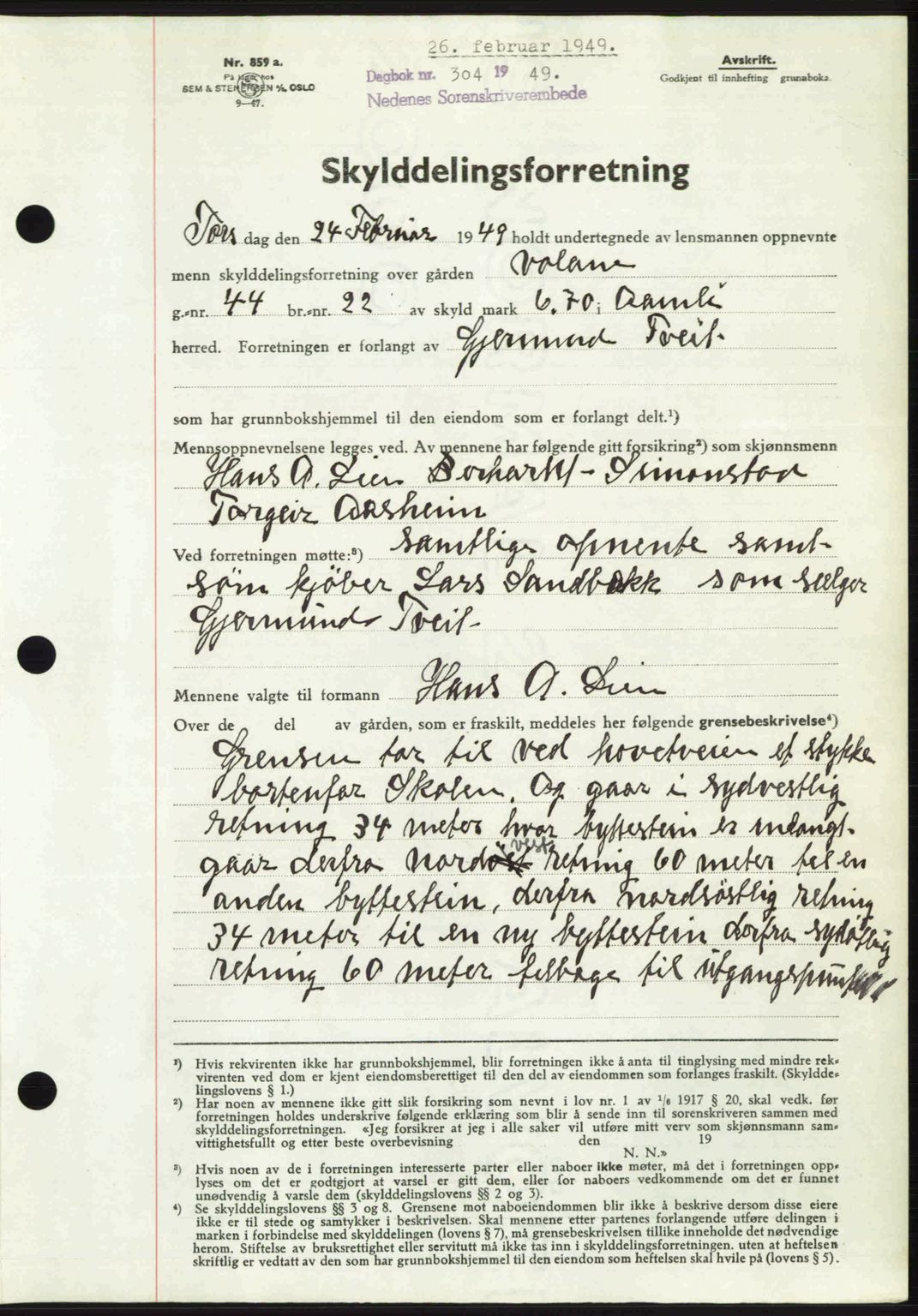 Nedenes sorenskriveri, AV/SAK-1221-0006/G/Gb/Gba/L0060: Mortgage book no. A12, 1948-1949, Diary no: : 304/1949