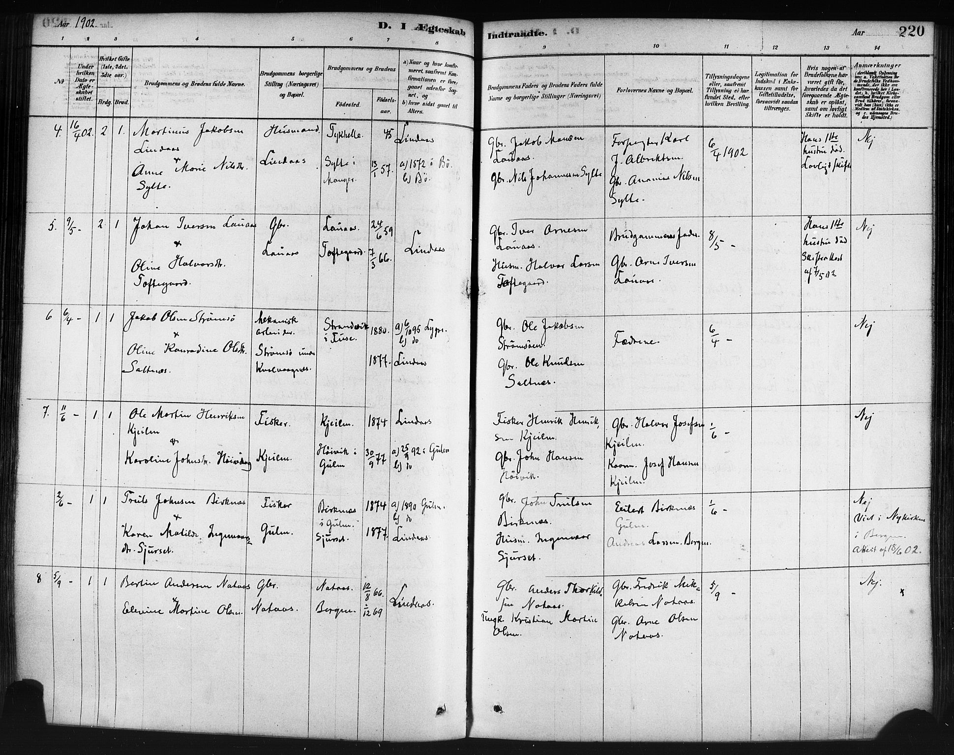 Lindås Sokneprestembete, AV/SAB-A-76701/H/Haa/Haaa/L0019: Parish register (official) no. A 19, 1878-1912, p. 220