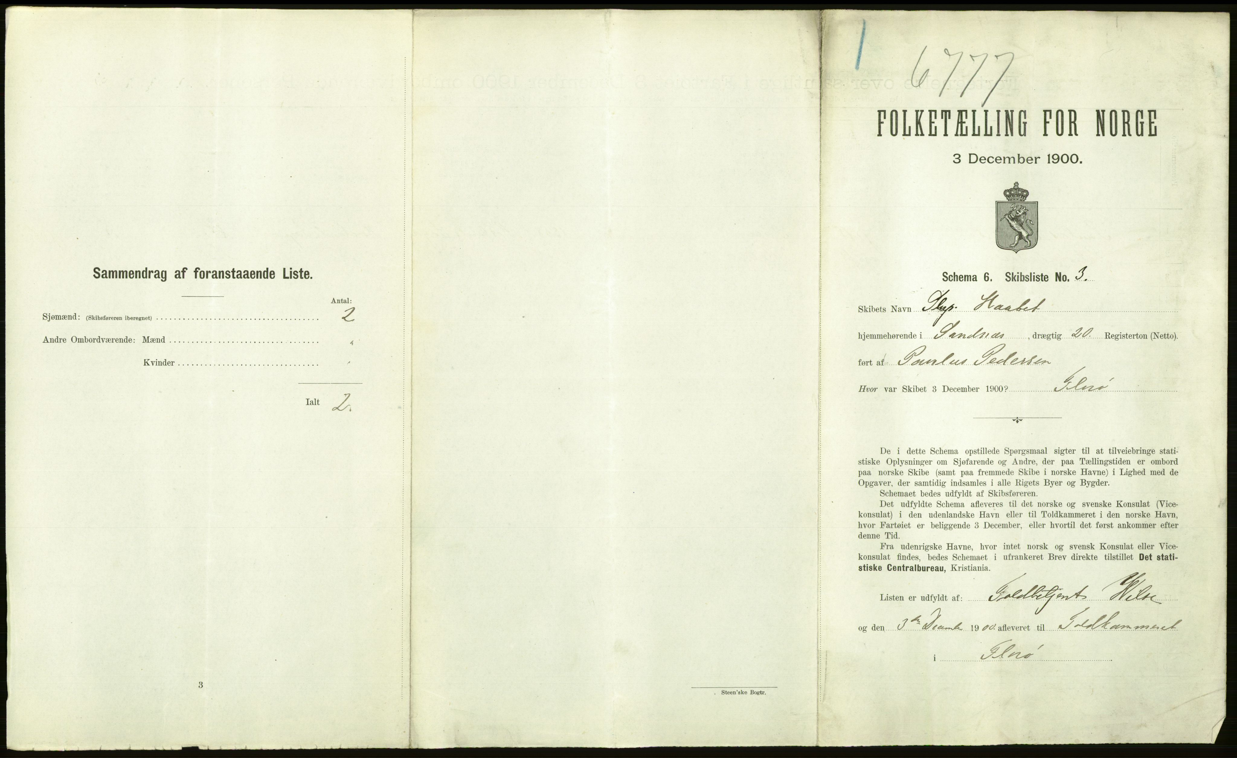 RA, 1900 Census - ship lists from ships in Norwegian harbours, harbours abroad and at sea, 1900, p. 1485