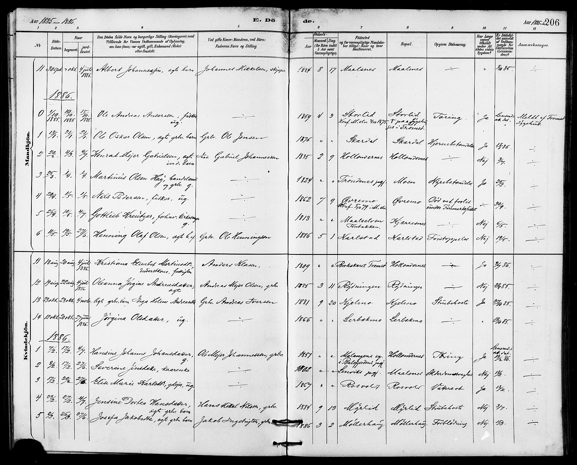 Målselv sokneprestembete, AV/SATØ-S-1311/G/Ga/Gab/L0004klokker: Parish register (copy) no. 4, 1885-1901, p. 206