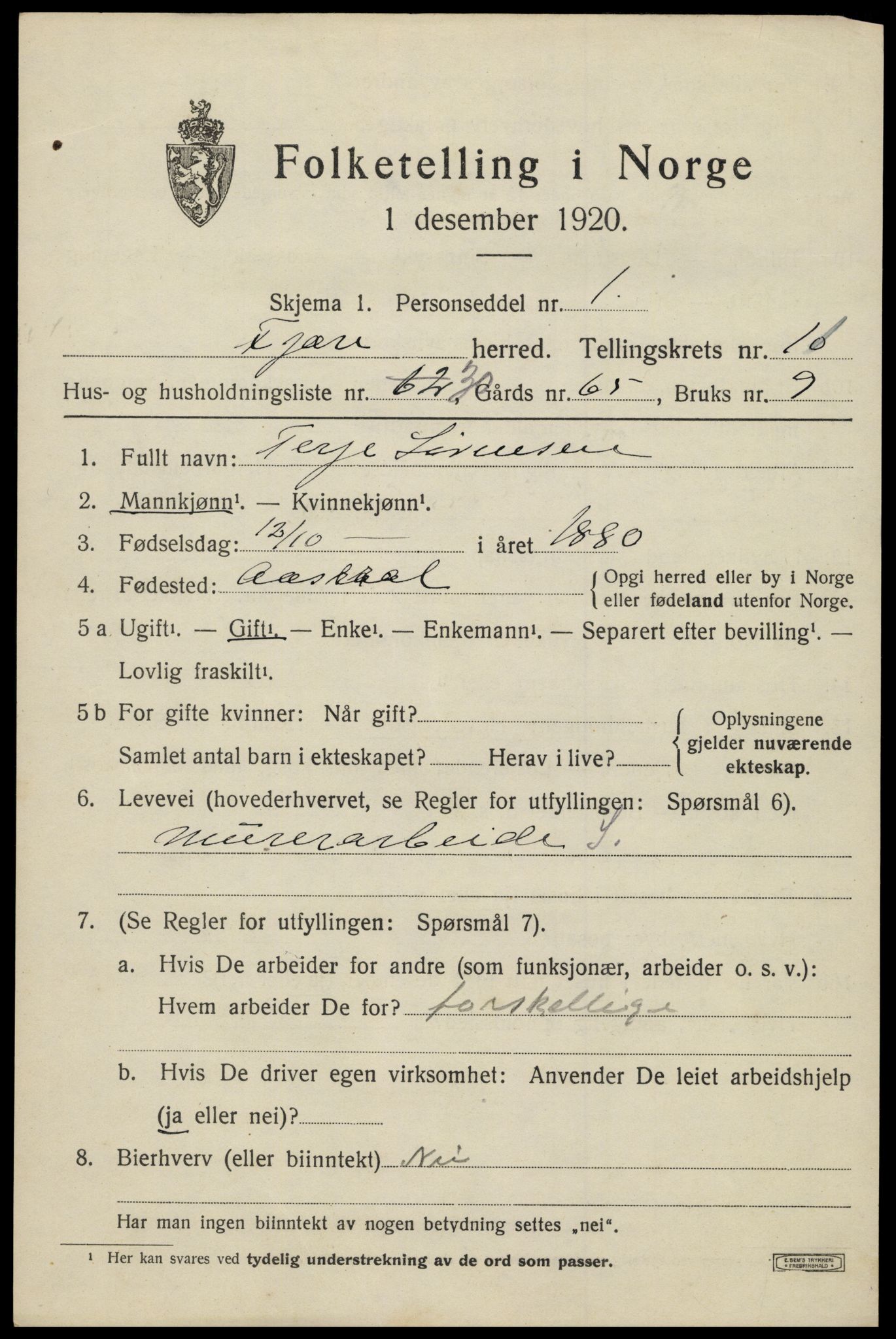 SAK, 1920 census for Fjære, 1920, p. 12039