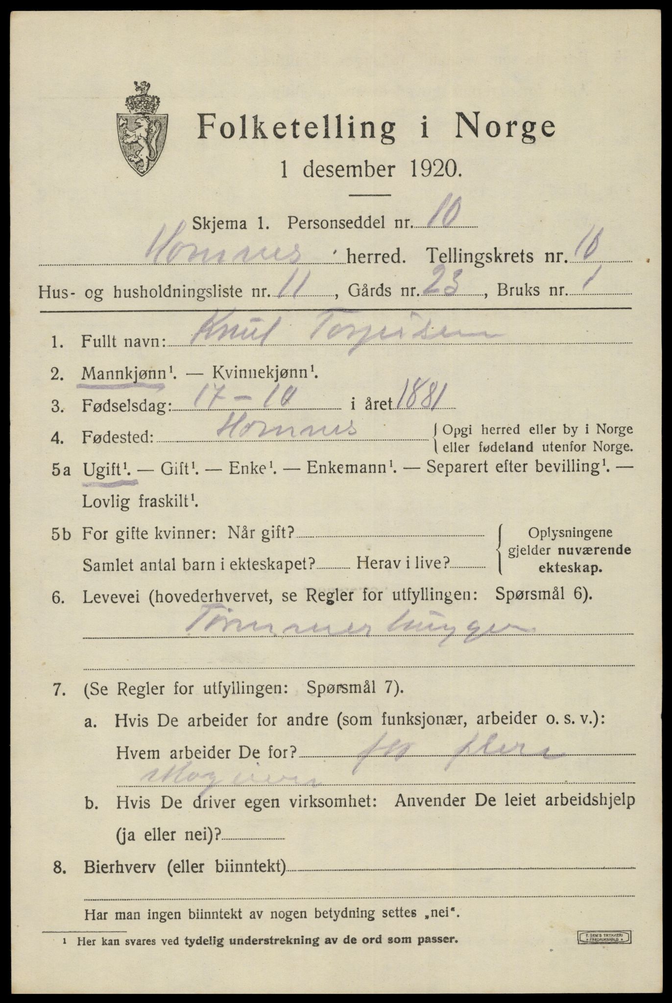 SAK, 1920 census for Hornnes, 1920, p. 2633