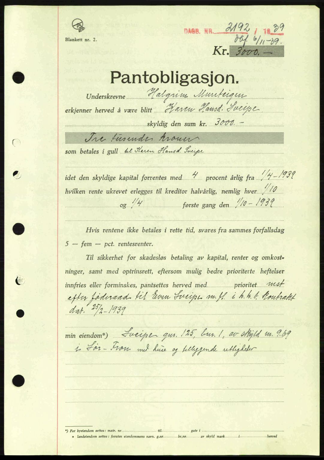 Sør-Gudbrandsdal tingrett, SAH/TING-004/H/Hb/Hbe/L0001: Mortgage book no. B1, 1936-1939, Diary no: : 2192/1939