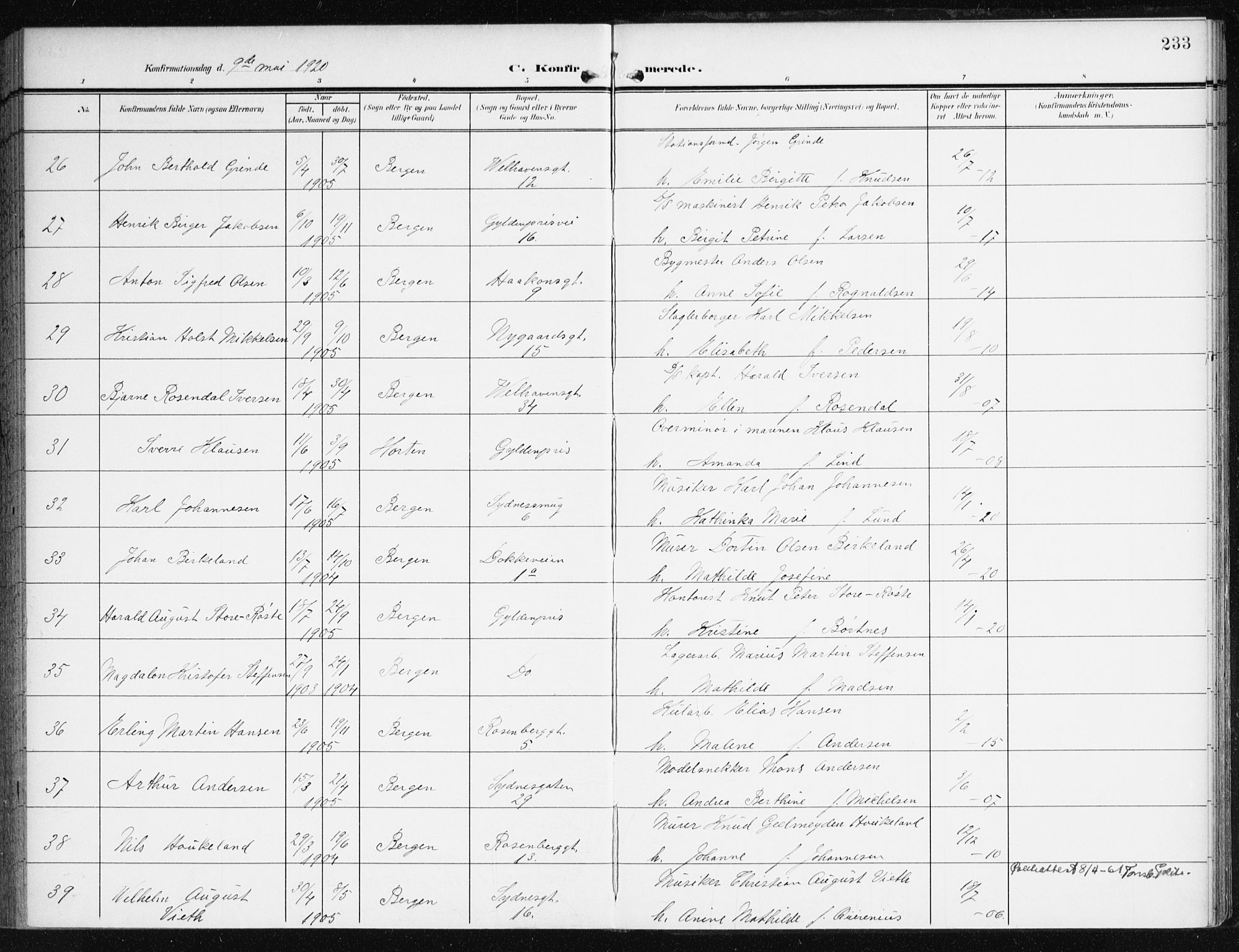 Johanneskirken sokneprestembete, AV/SAB-A-76001/H/Haa/L0009: Parish register (official) no. C 2, 1907-1924, p. 233