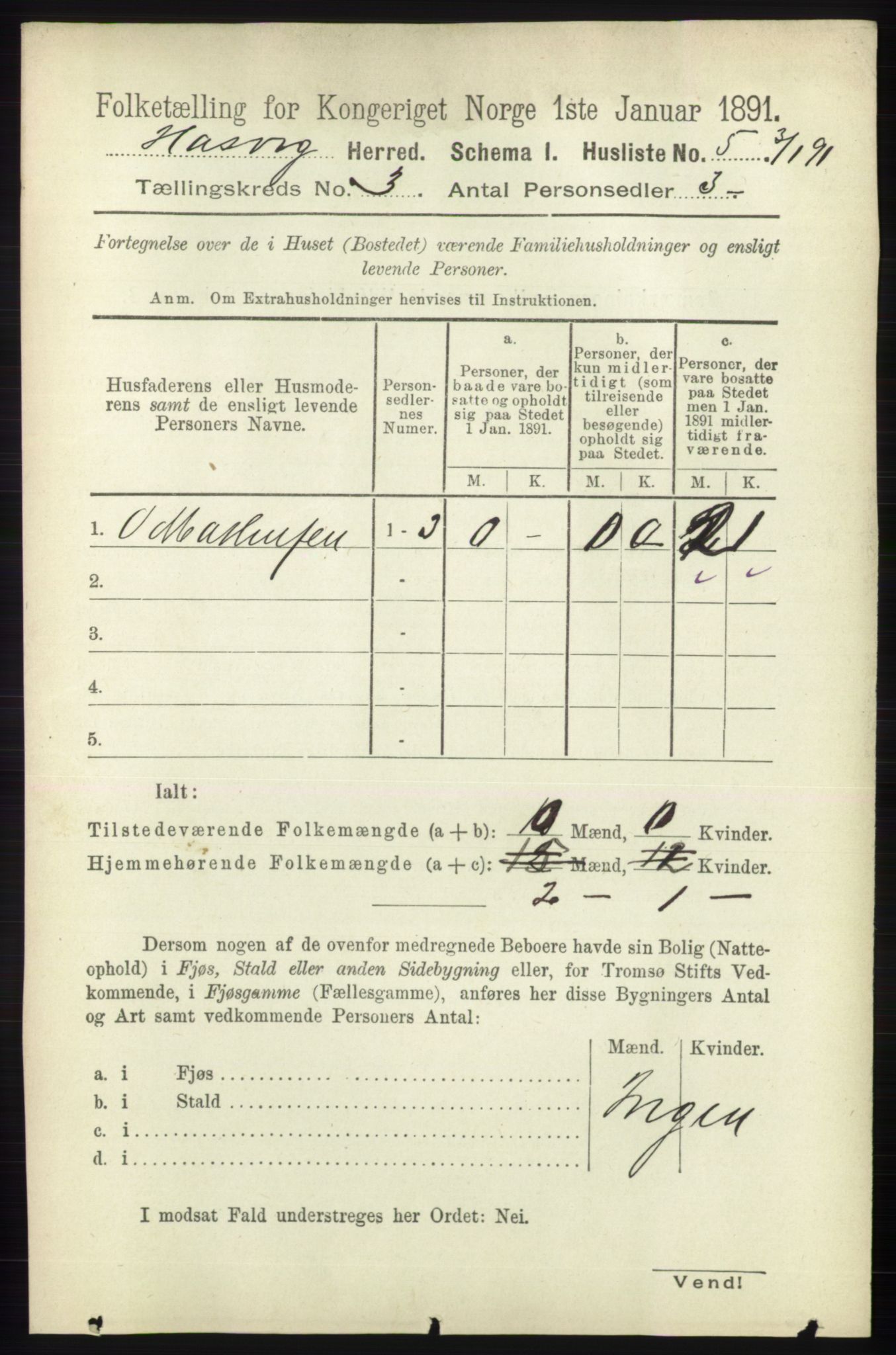 RA, 1891 census for 2015 Hasvik, 1891, p. 393