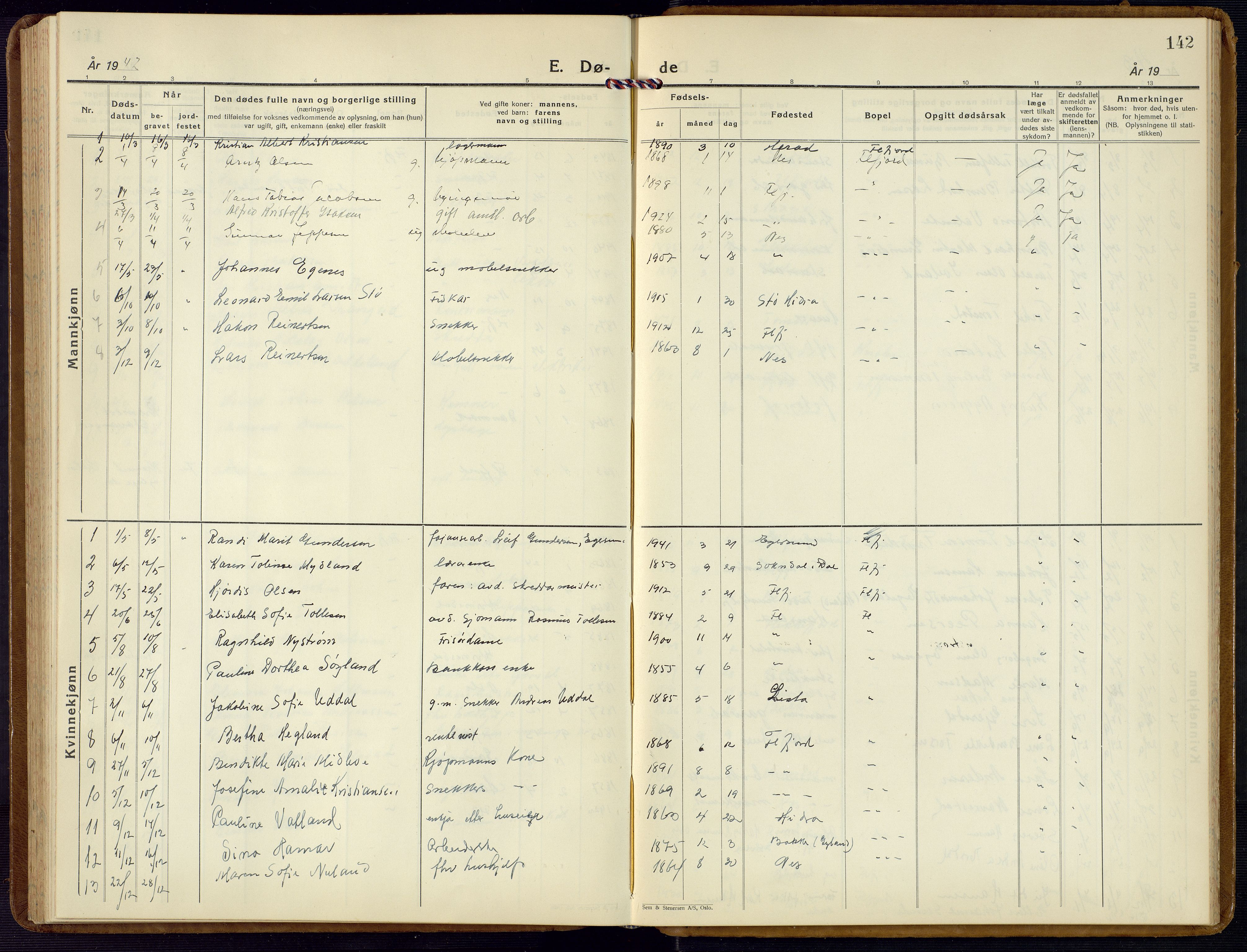 Flekkefjord sokneprestkontor, SAK/1111-0012/F/Fb/Fba/L0003: Parish register (copy) no. B 3, 1932-1969, p. 142