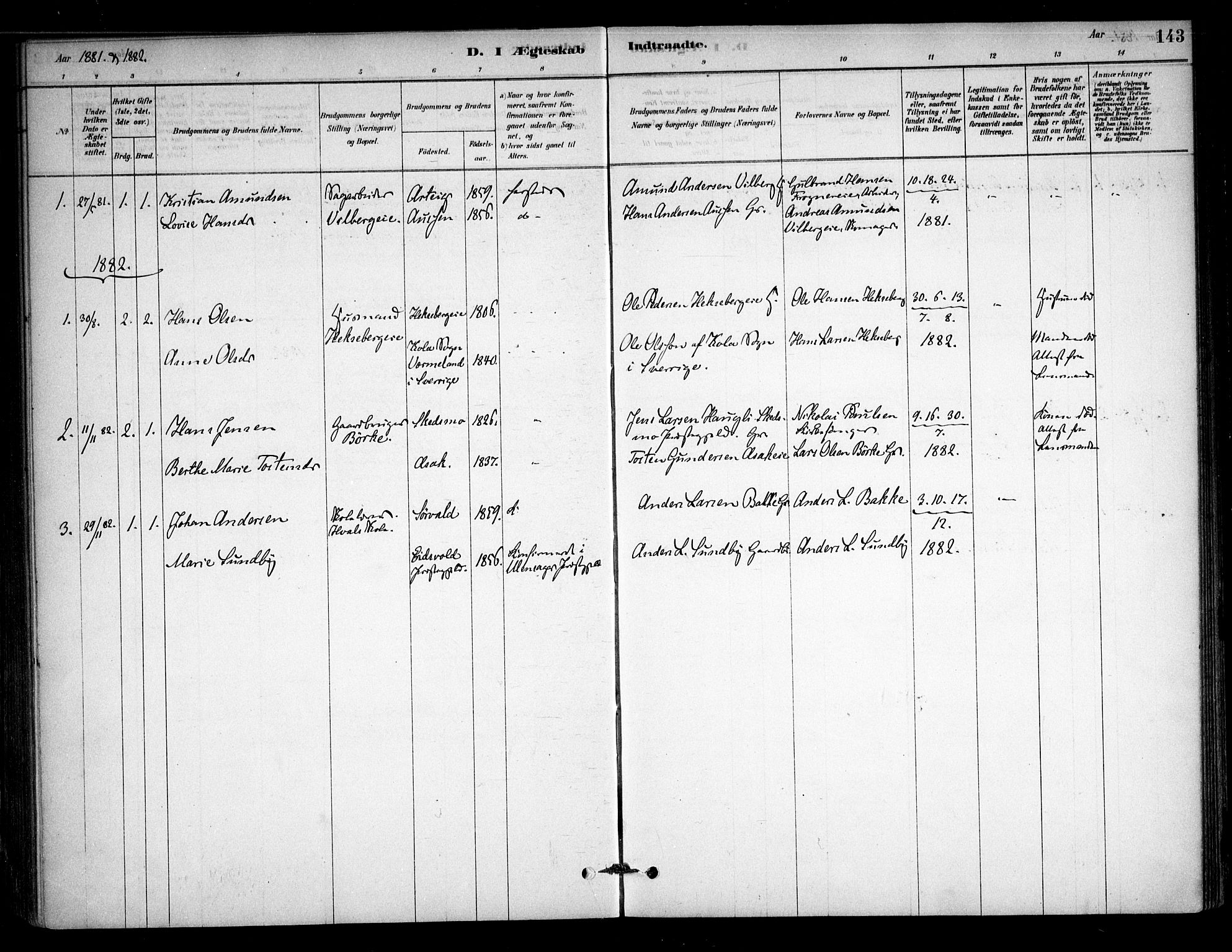 Sørum prestekontor Kirkebøker, SAO/A-10303/F/Fb/L0001: Parish register (official) no. II 1, 1878-1915, p. 143