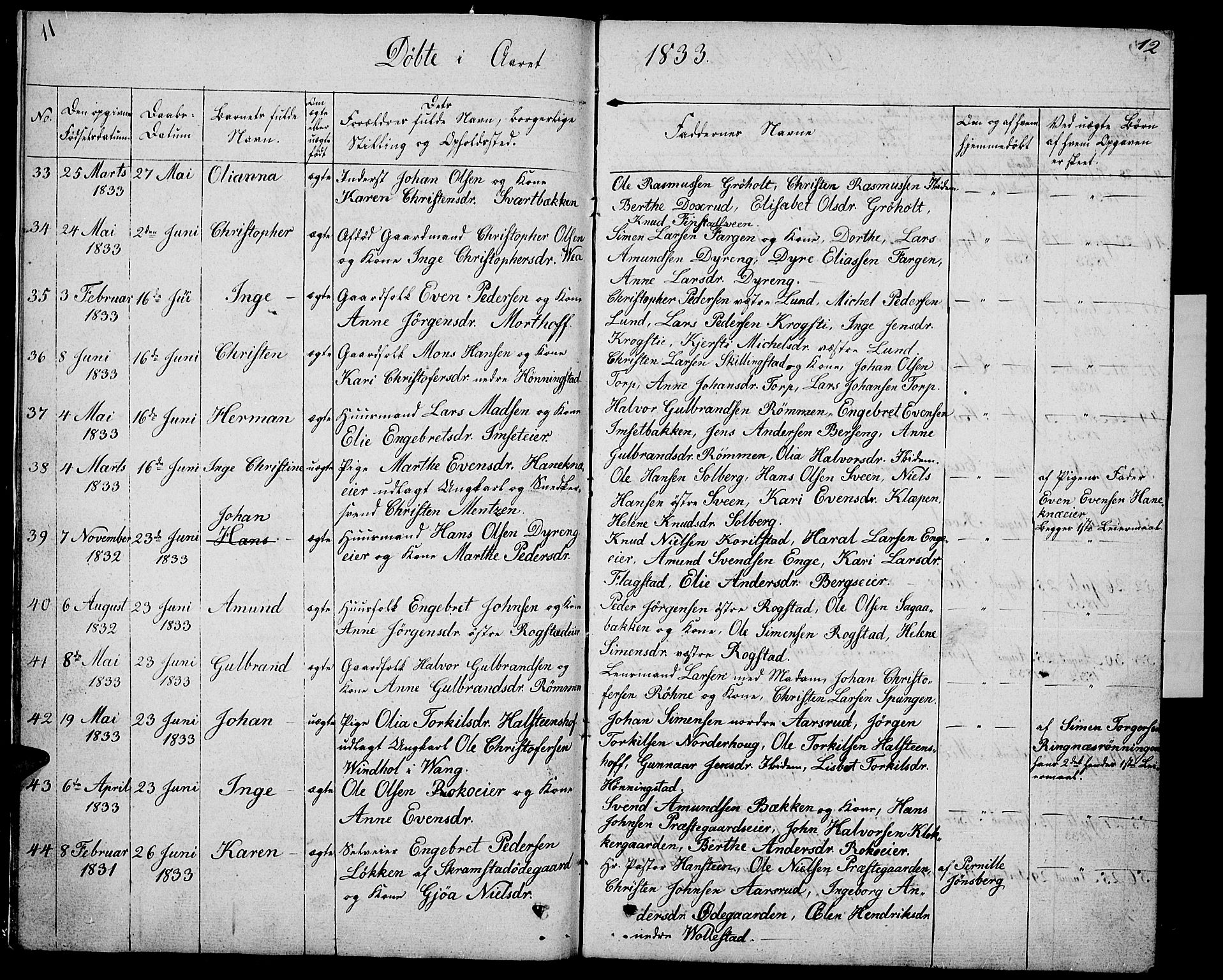 Løten prestekontor, AV/SAH-PREST-022/L/La/L0002: Parish register (copy) no. 2, 1832-1850, p. 11-12