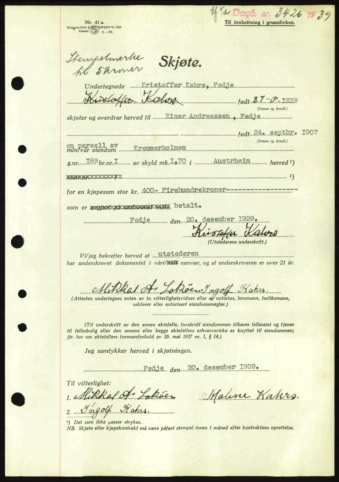 Nordhordland sorenskrivar, SAB/A-2901/1/G/Gb/Gbf/L0010: Mortgage book no. A10, 1939-1940, Diary no: : 3426/1939