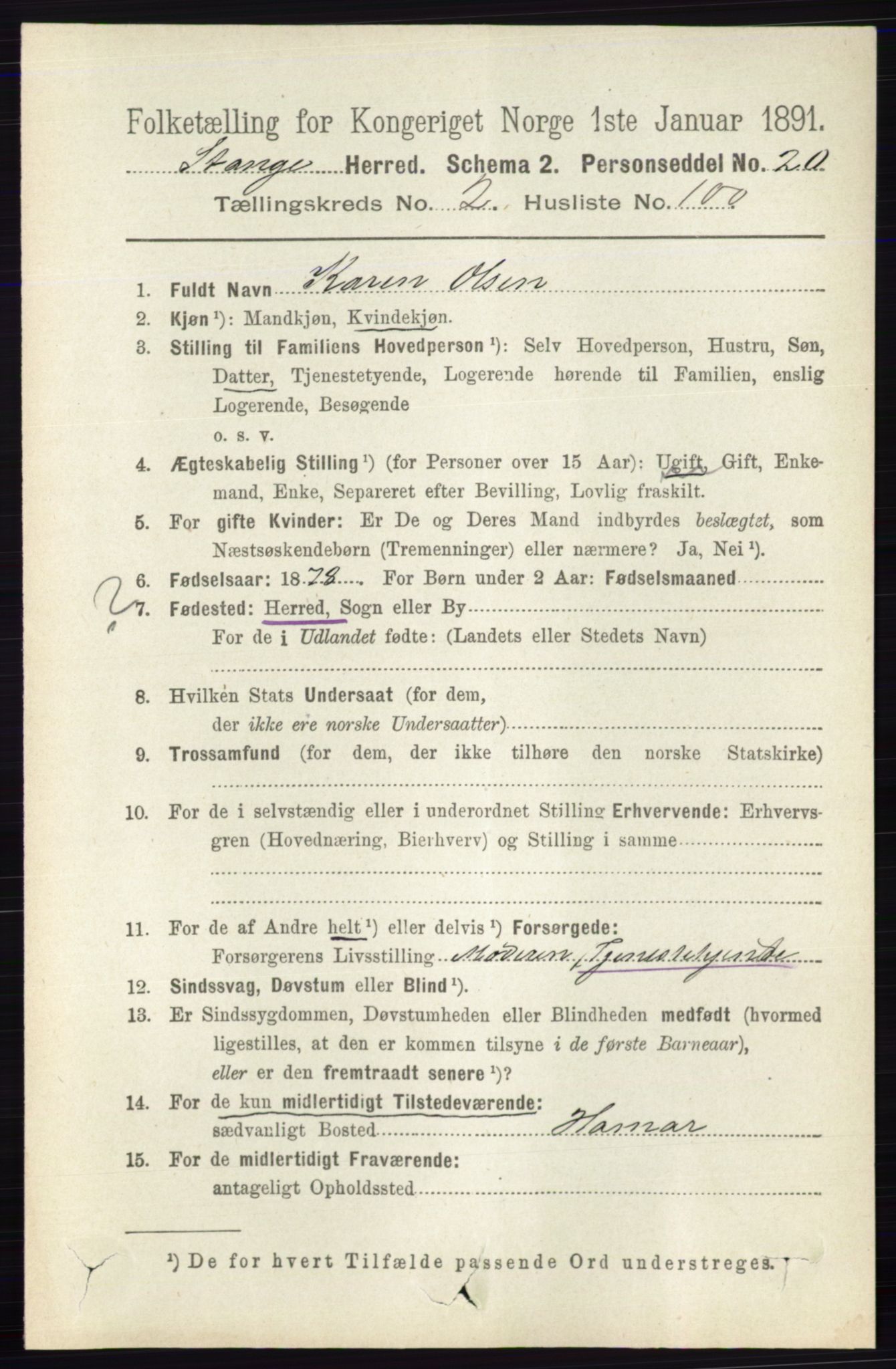 RA, 1891 census for 0417 Stange, 1891, p. 1525