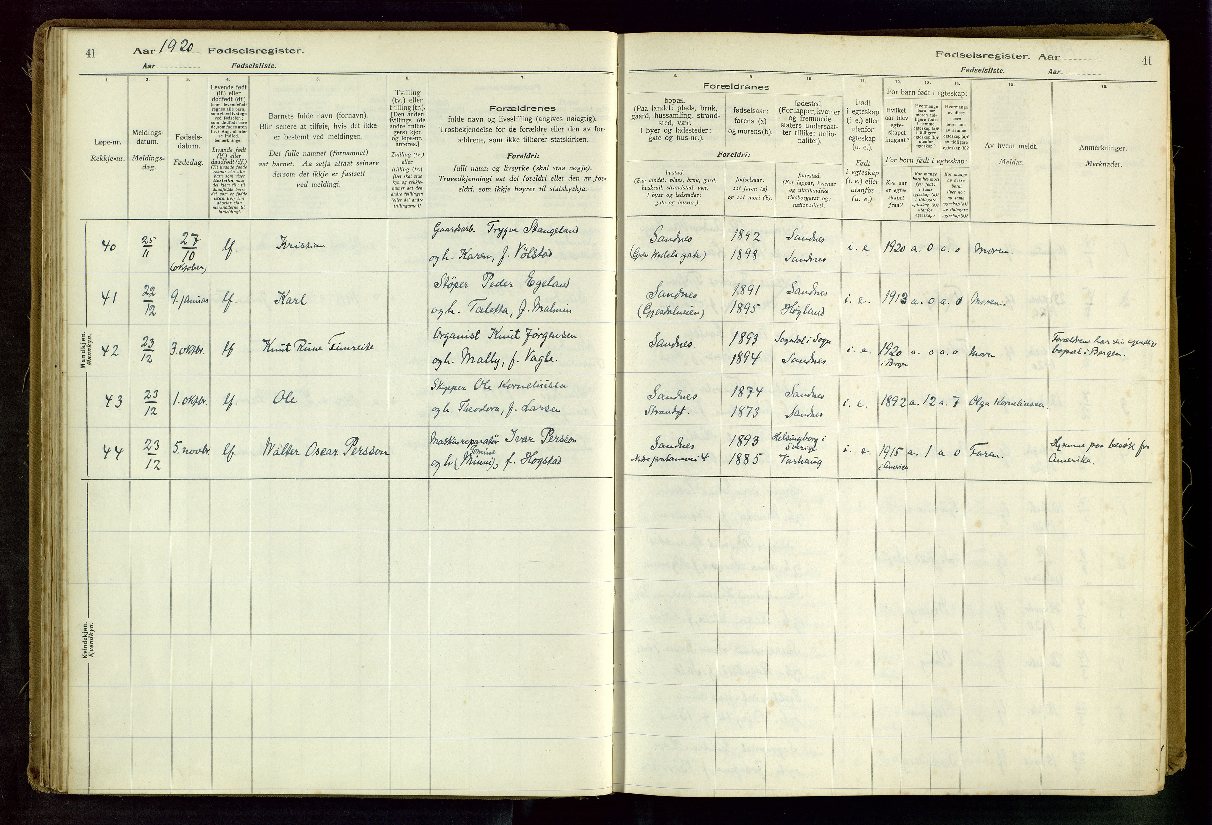 Sandnes sokneprestkontor, AV/SAST-A-101800/704BA/L0001: Birth register no. 1, 1916-1942, p. 41