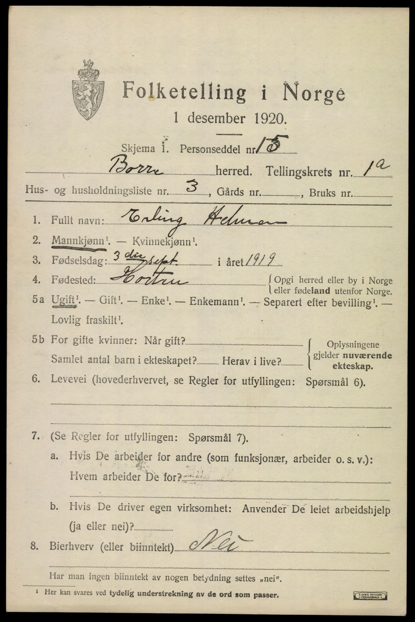 SAKO, 1920 census for Borre, 1920, p. 1436