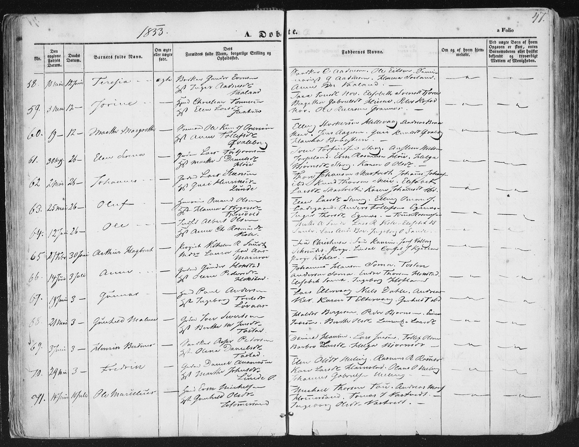 Hetland sokneprestkontor, AV/SAST-A-101826/30/30BA/L0002: Parish register (official) no. A 2, 1849-1869, p. 47