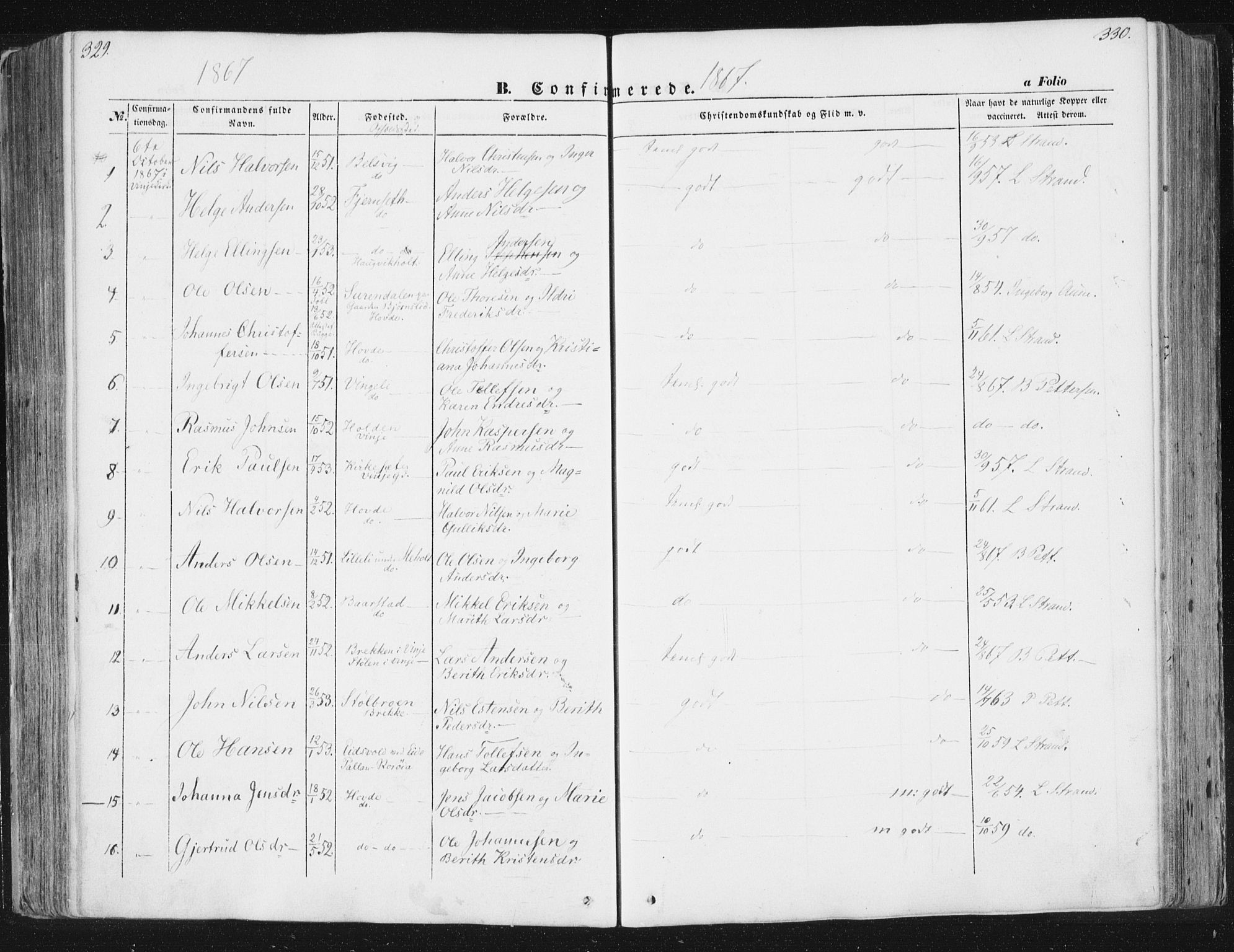 Ministerialprotokoller, klokkerbøker og fødselsregistre - Sør-Trøndelag, AV/SAT-A-1456/630/L0494: Parish register (official) no. 630A07, 1852-1868, p. 329-330