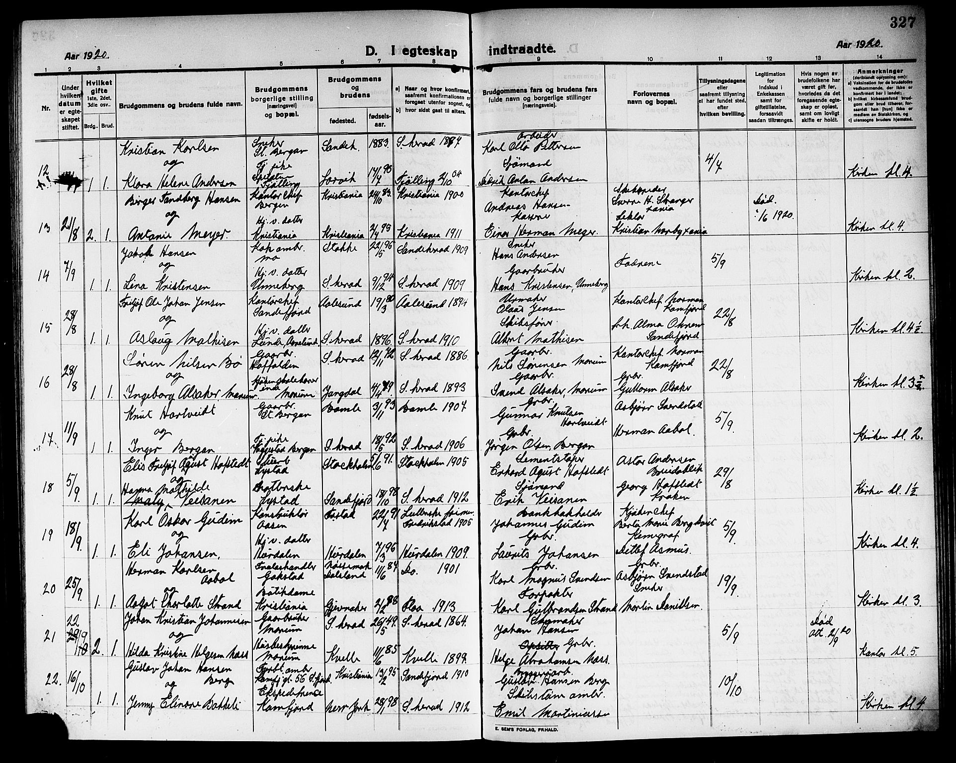 Sandar kirkebøker, AV/SAKO-A-243/G/Ga/L0003: Parish register (copy) no. 3, 1916-1922, p. 327
