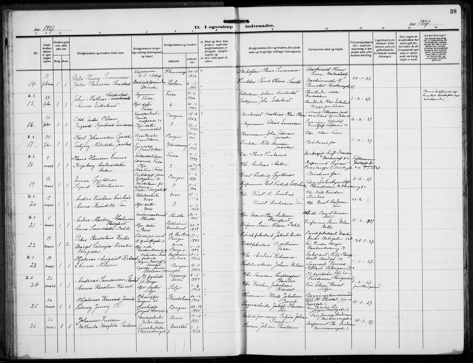 Domkirken sokneprestembete, SAB/A-74801/H/Hab/L0034: Parish register (copy) no. D 6, 1924-1941, p. 38